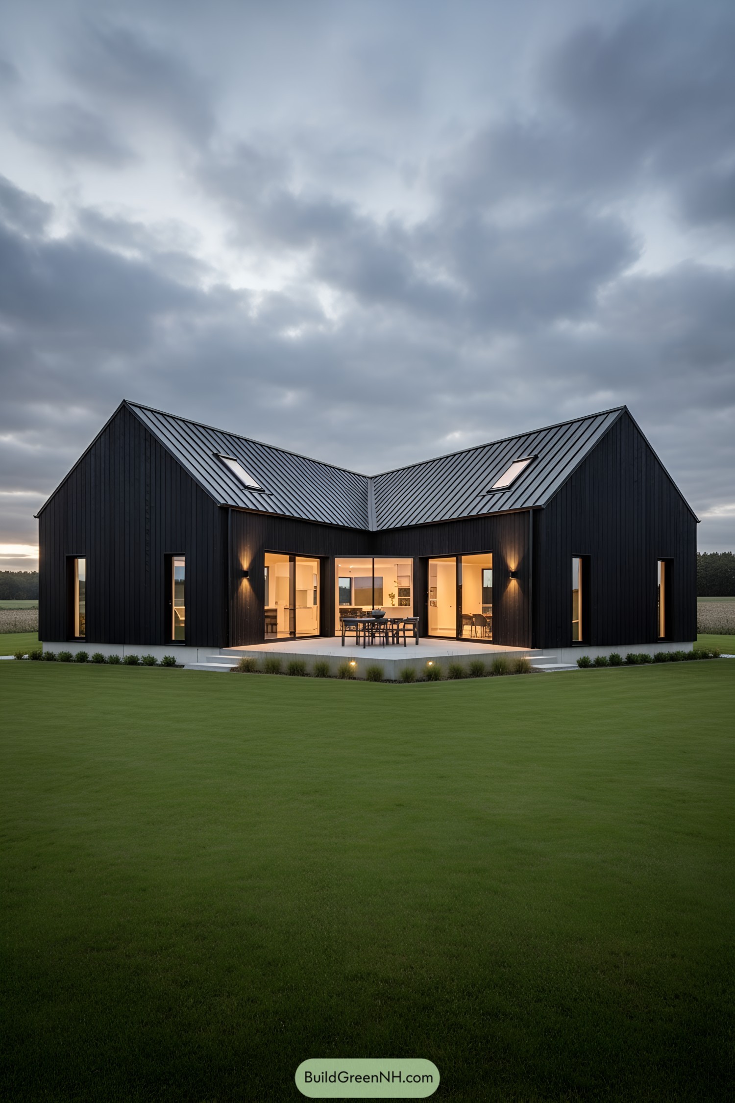 Dark twin-gable barn forming an angled courtyard with large glass openings glowing warmly at dusk