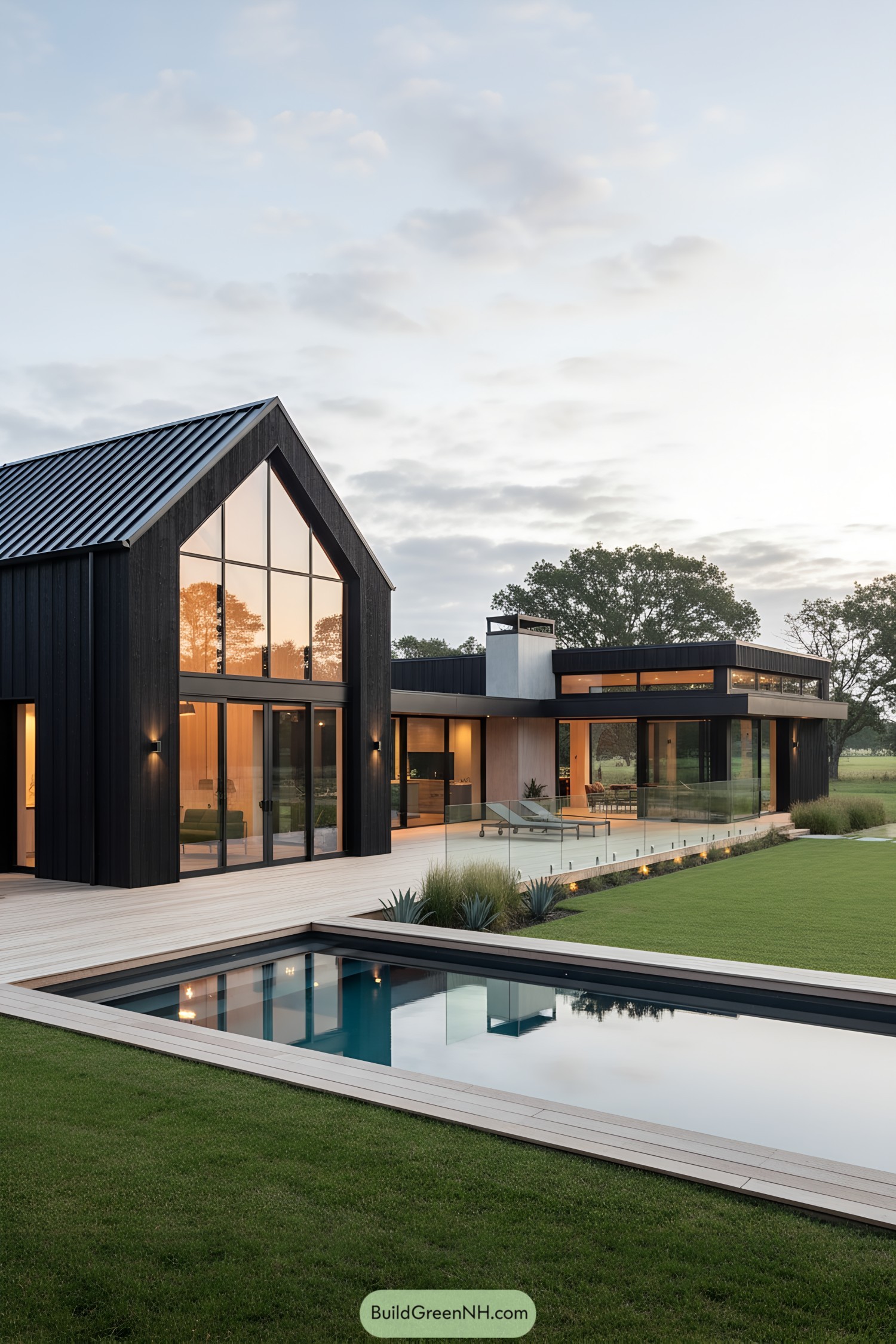 Modern barn house with tall glass gable, black cladding, and poolside deck