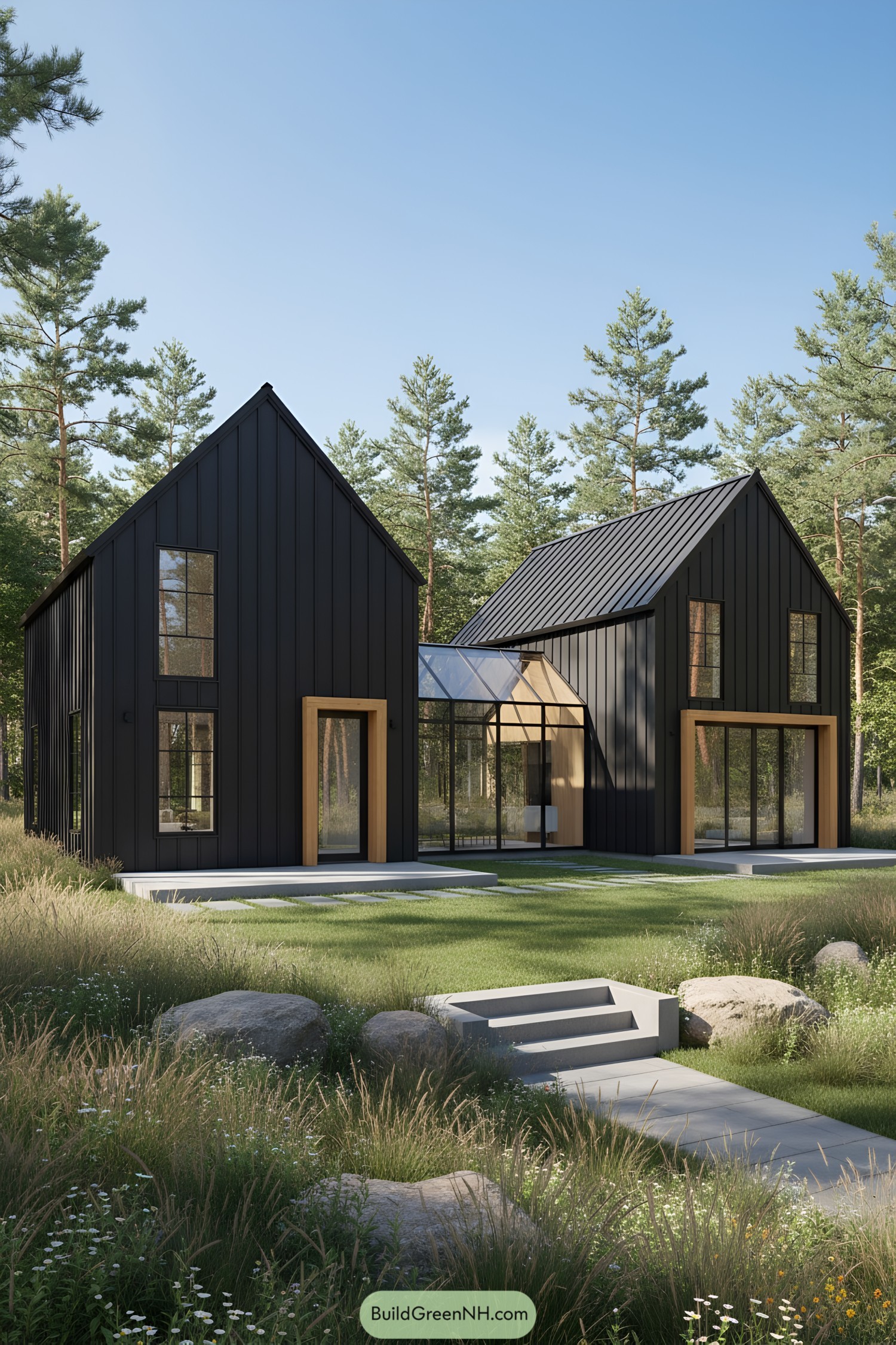 Two black gabled volumes joined by a glass walkway in a forest clearing