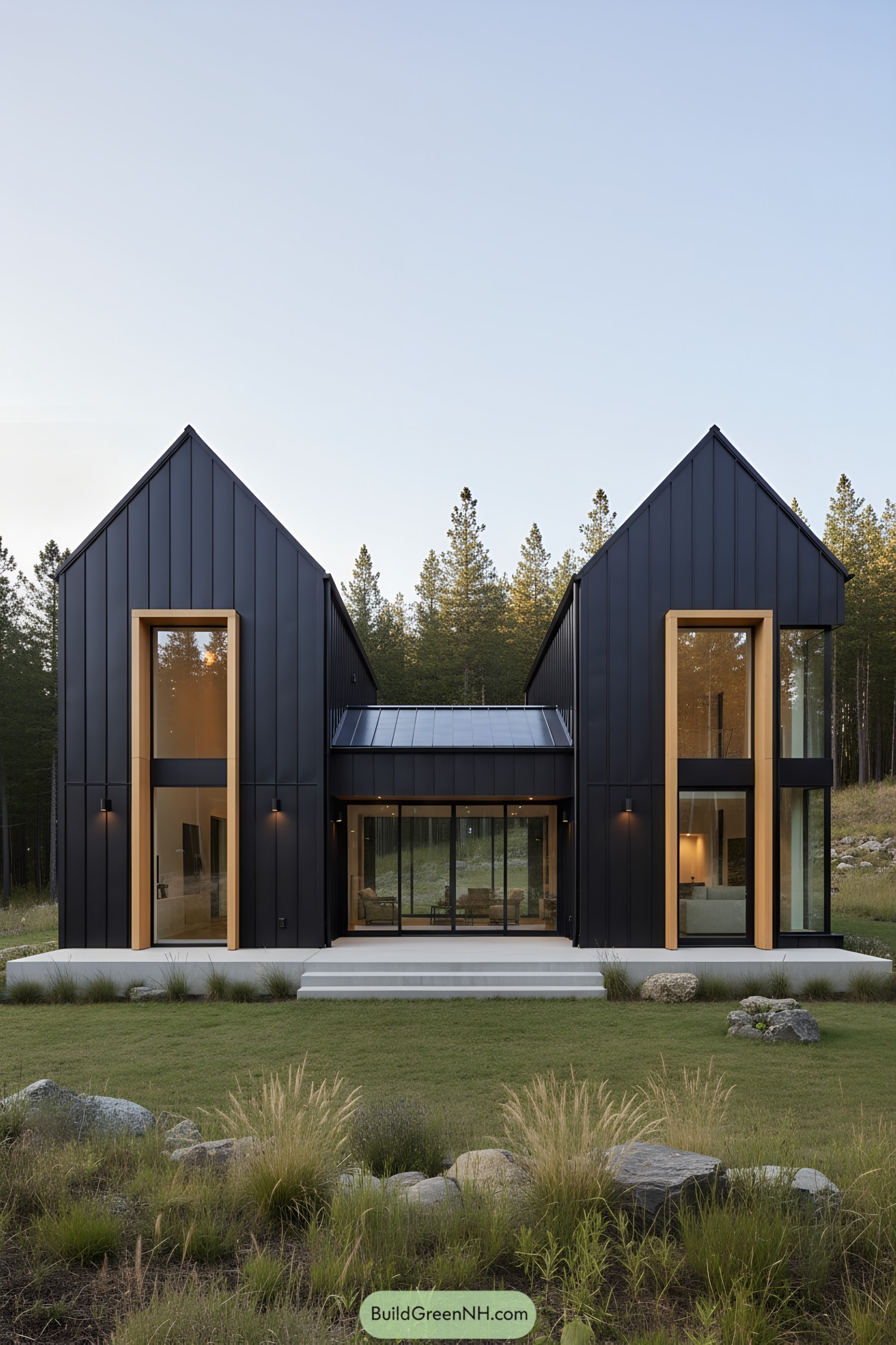 Modern black metal barn house with twin gables and tall glazed portals