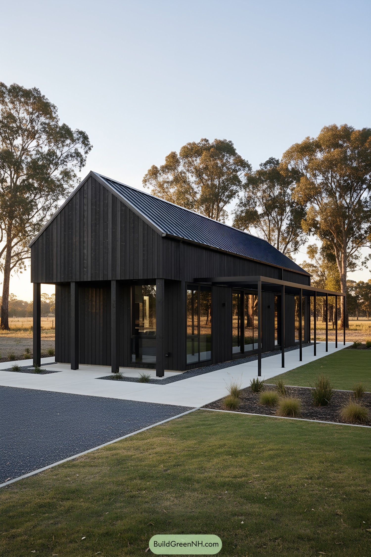 Charred wood barn house with glass walls and slender metal pergola posts