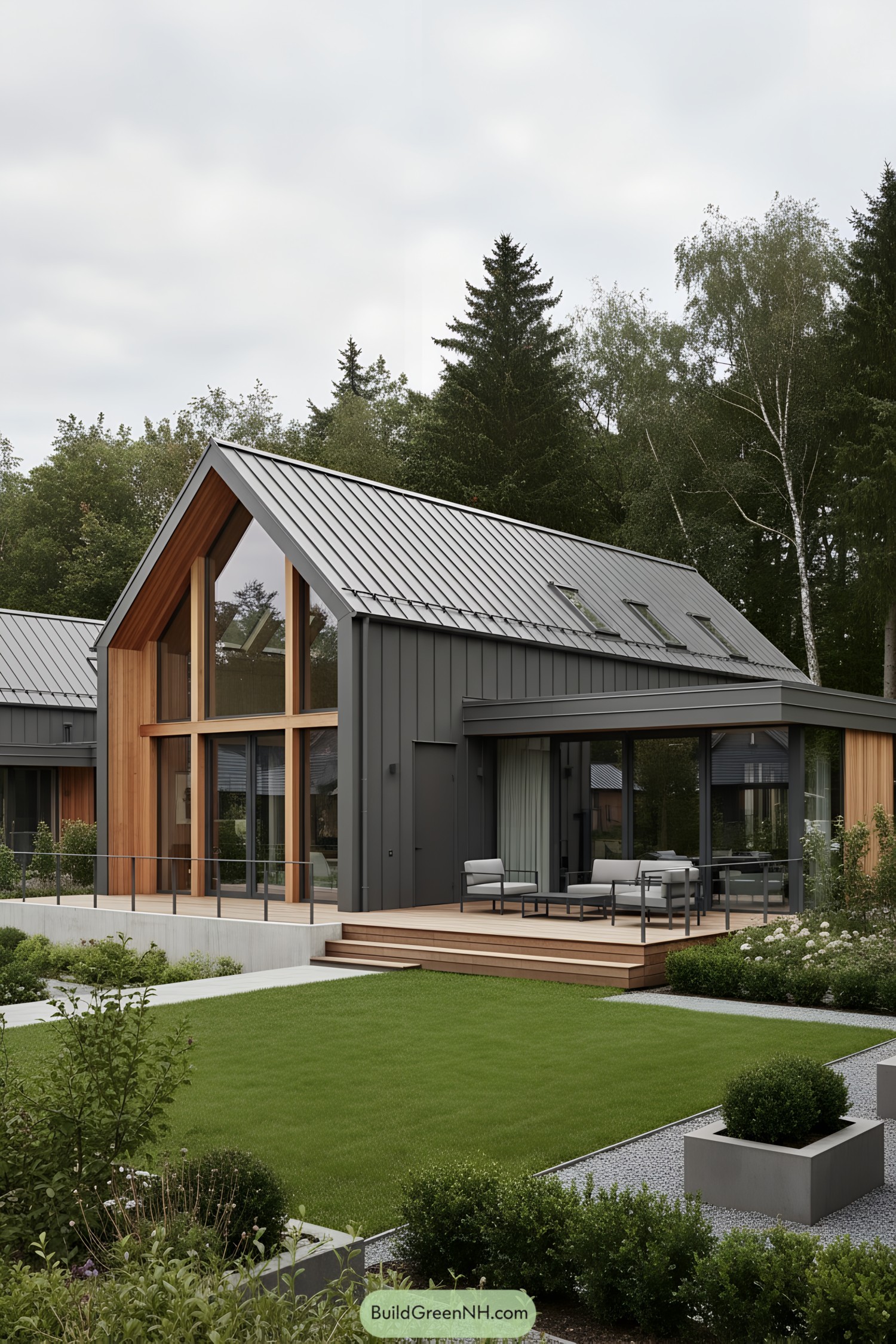 Contemporary barn house with dark metal siding, cedar framing, and large glass gable