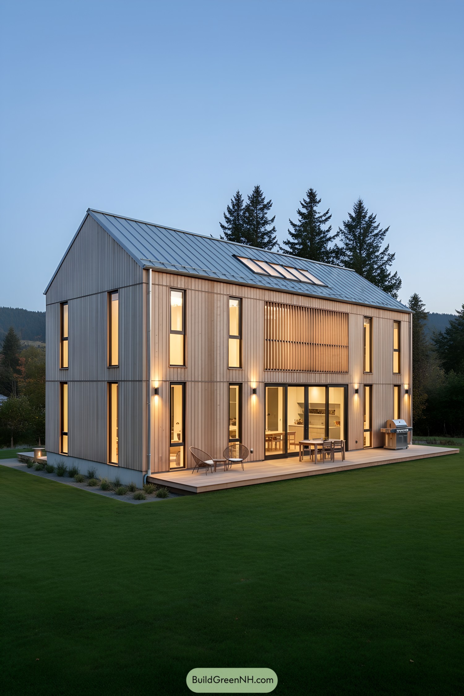 Two-story pale timber barn house with metal roof, tall narrow windows, and a slatted upper balcony facing a lawn