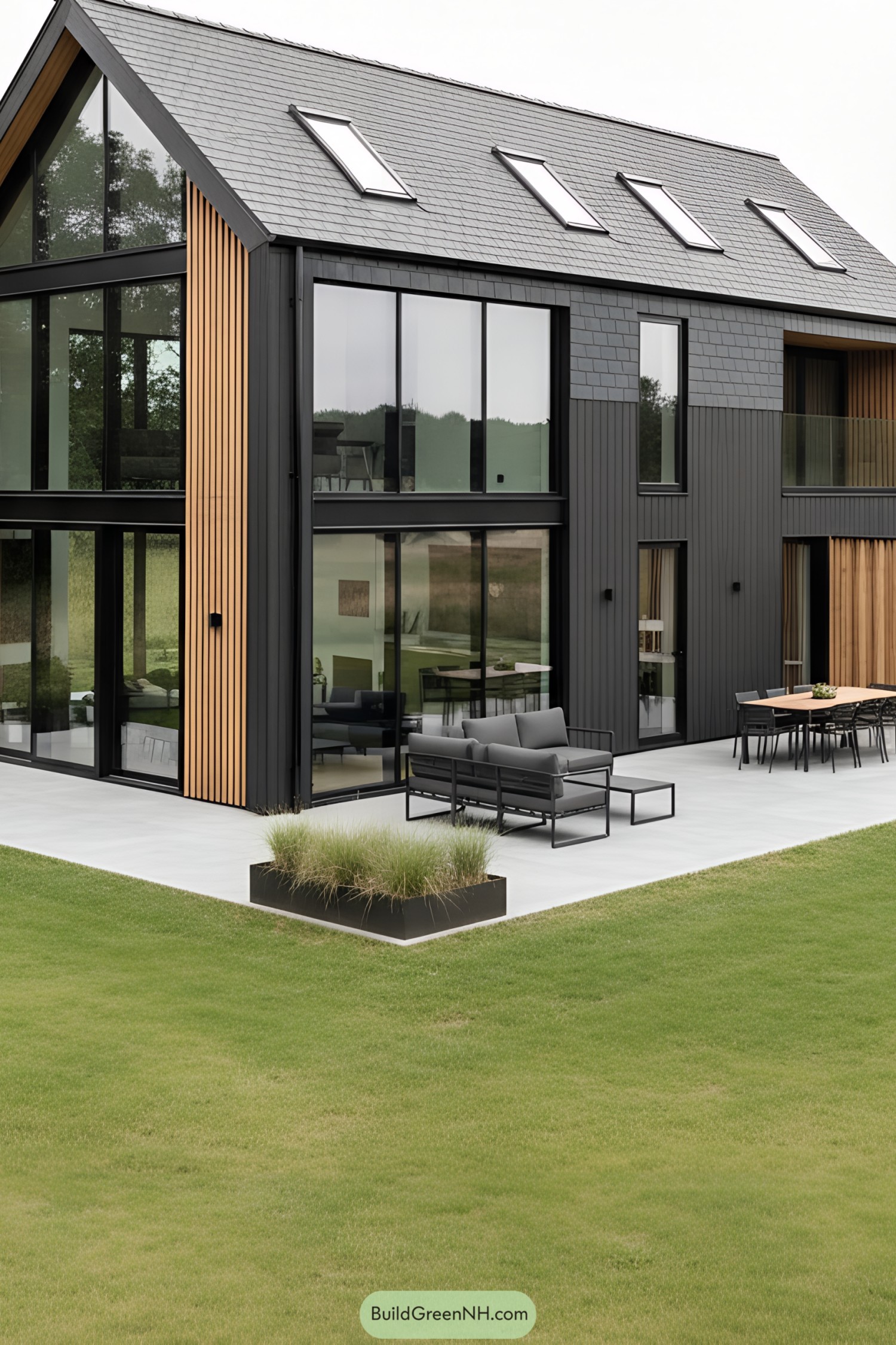 Black metal barn house with vertical cedar accents, large glass walls, and slate roof with skylights