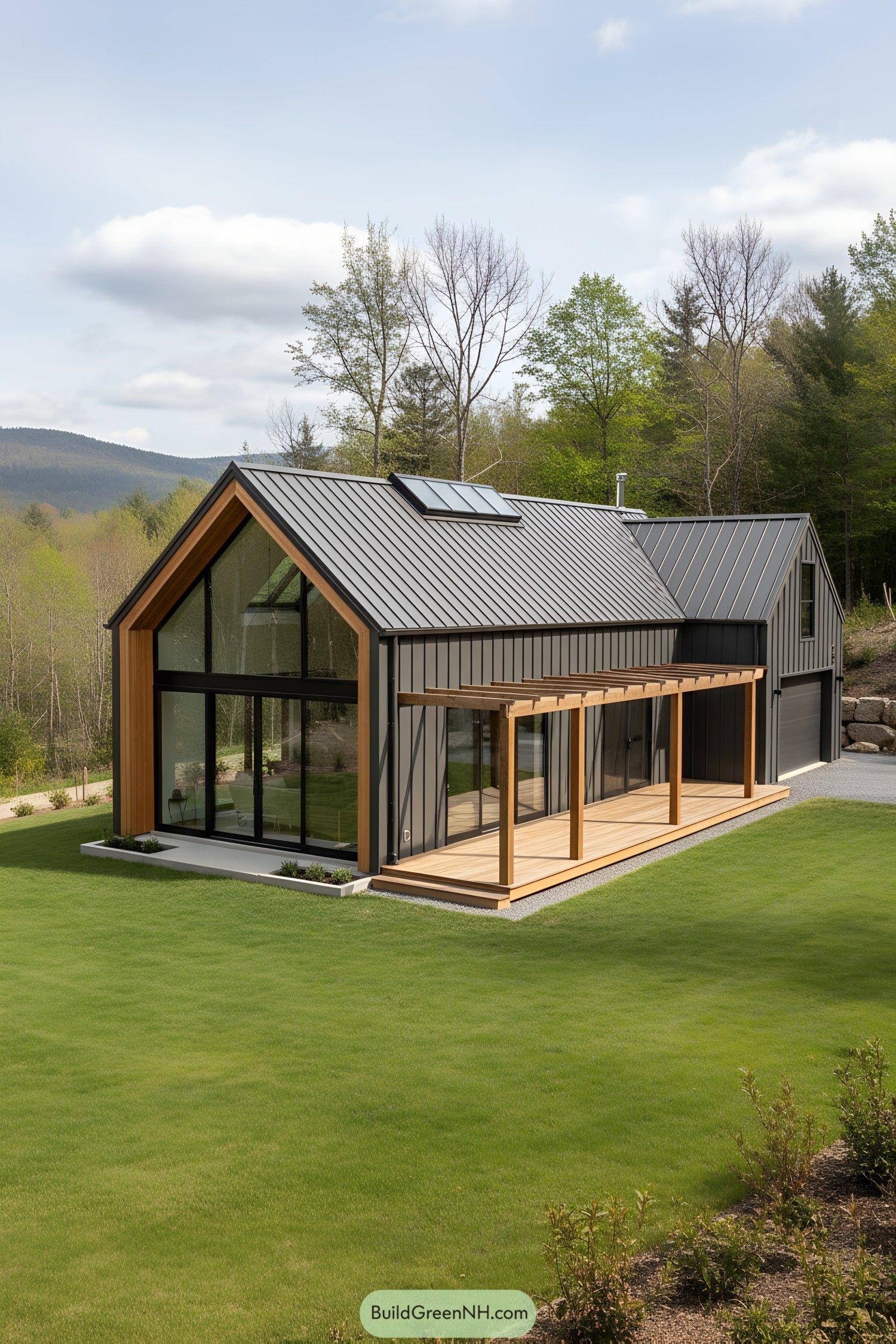 Dark metal barn house with glass gable and wood pergola