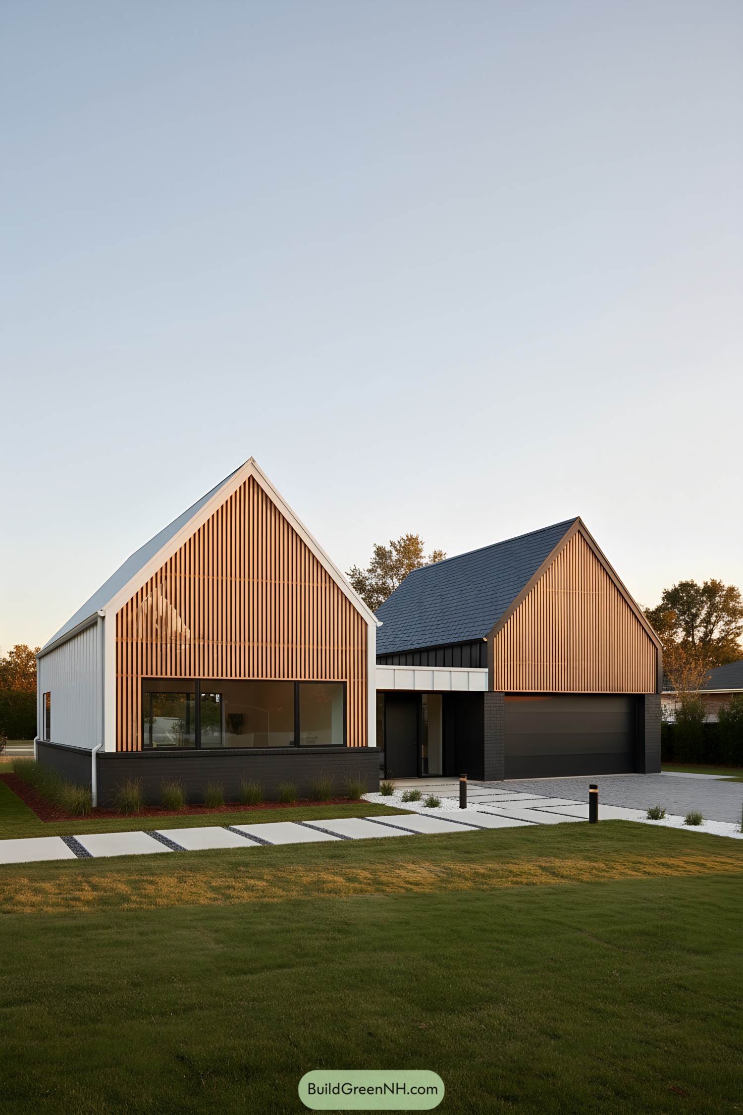 Contemporary barn house with twin gables, cedar slat screens, dark brick base, and slate roof