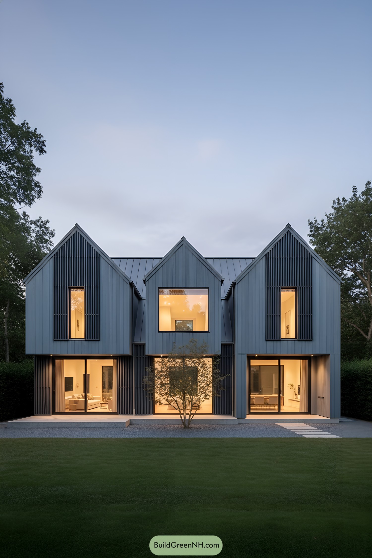 Modern barn house with three slate-gray gables and warm interior glow