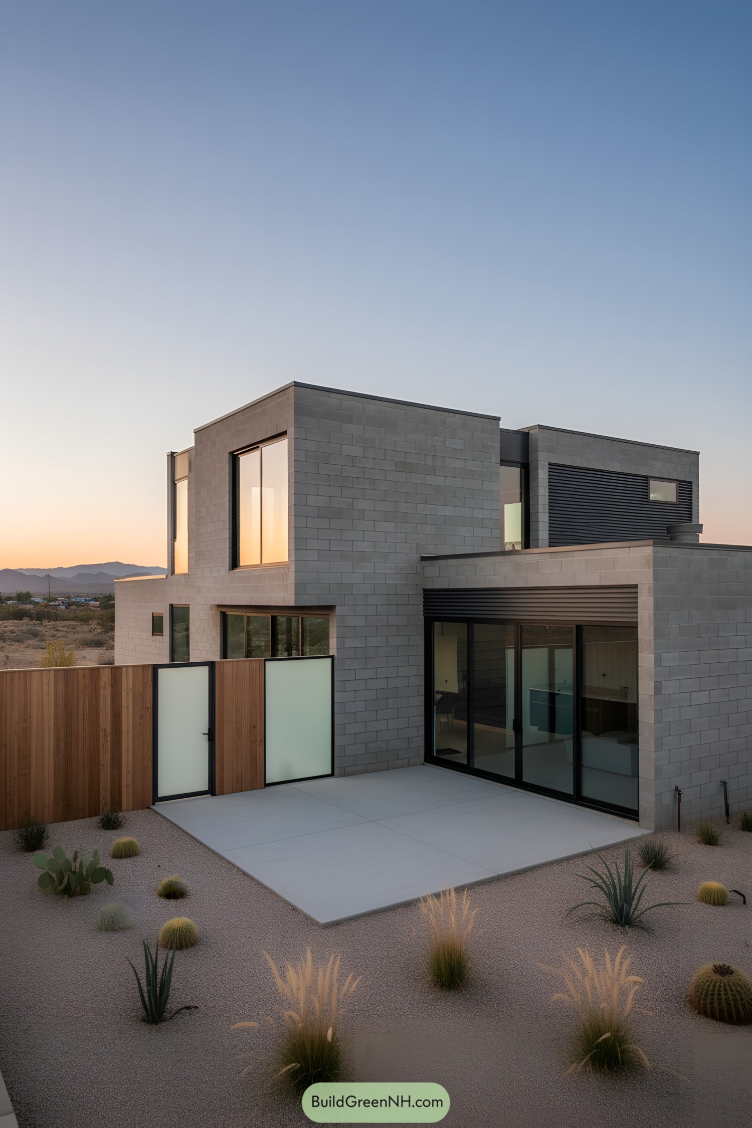 Modern concrete blockhouse with large windows at sunset