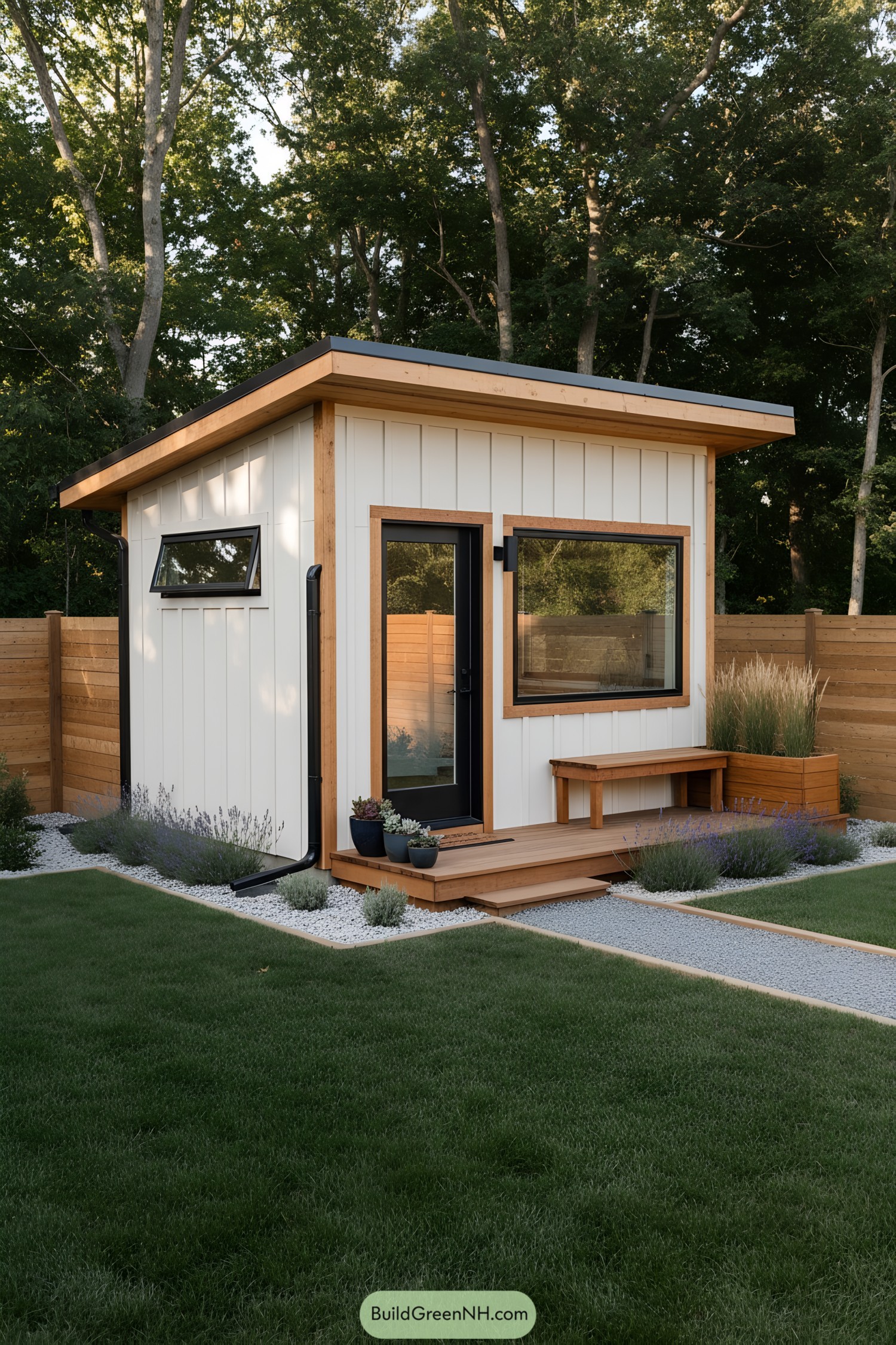 Compact shed with slanted roof and cedar trim