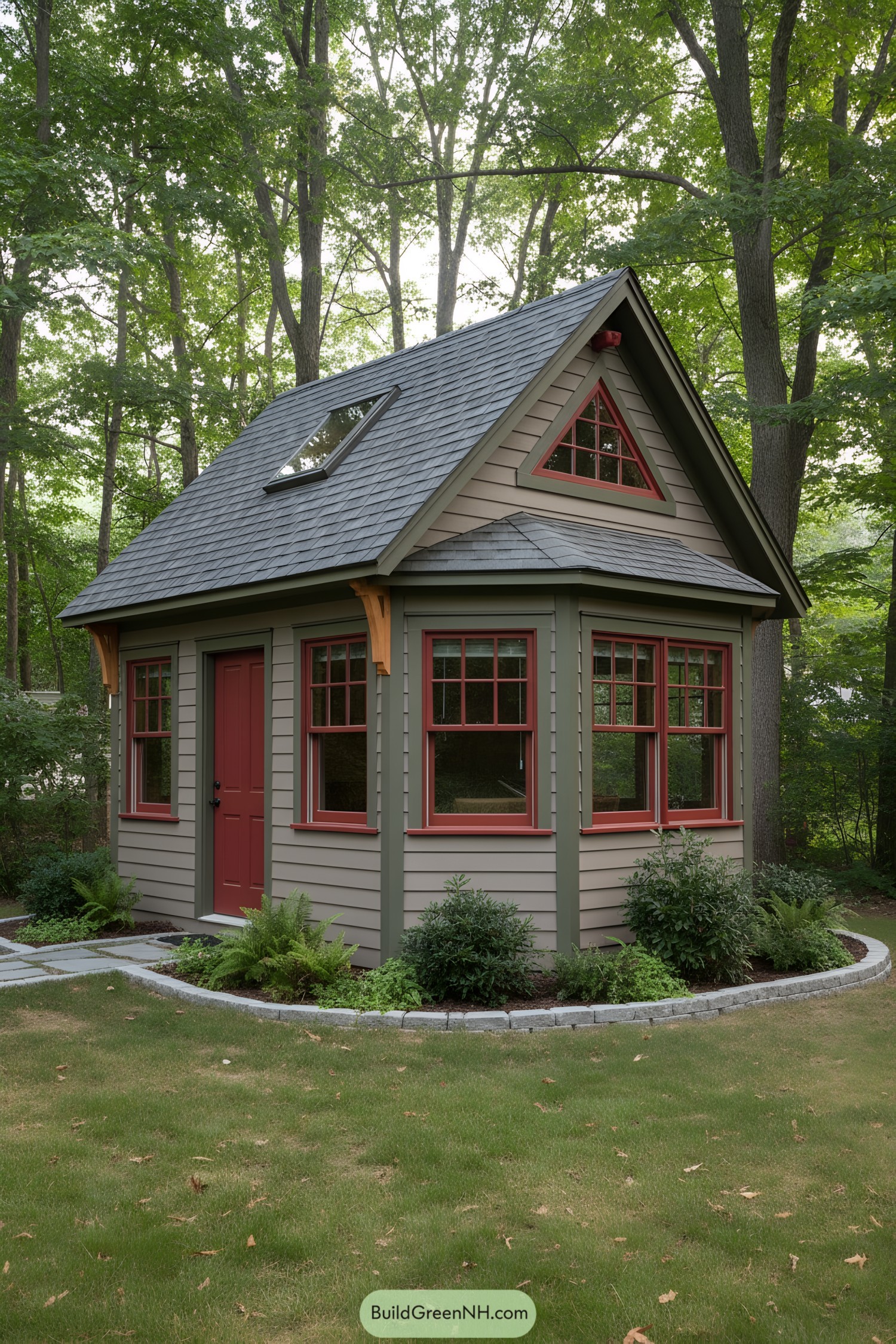 Compact gabled craft shed with bay window and skylight