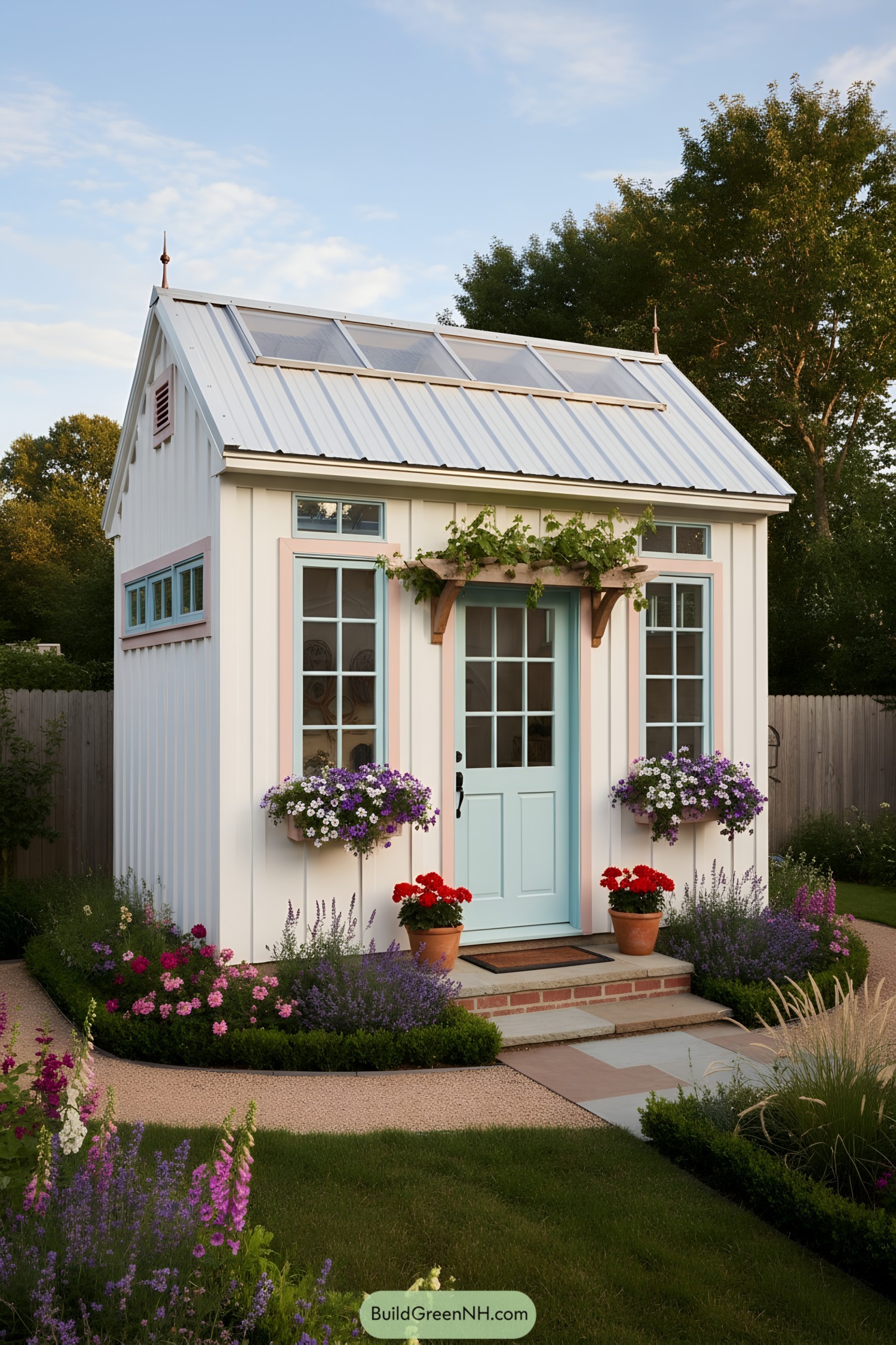 White board-and-batten shed with pastel trim, skylit metal roof, and flower boxes flanking a mint door