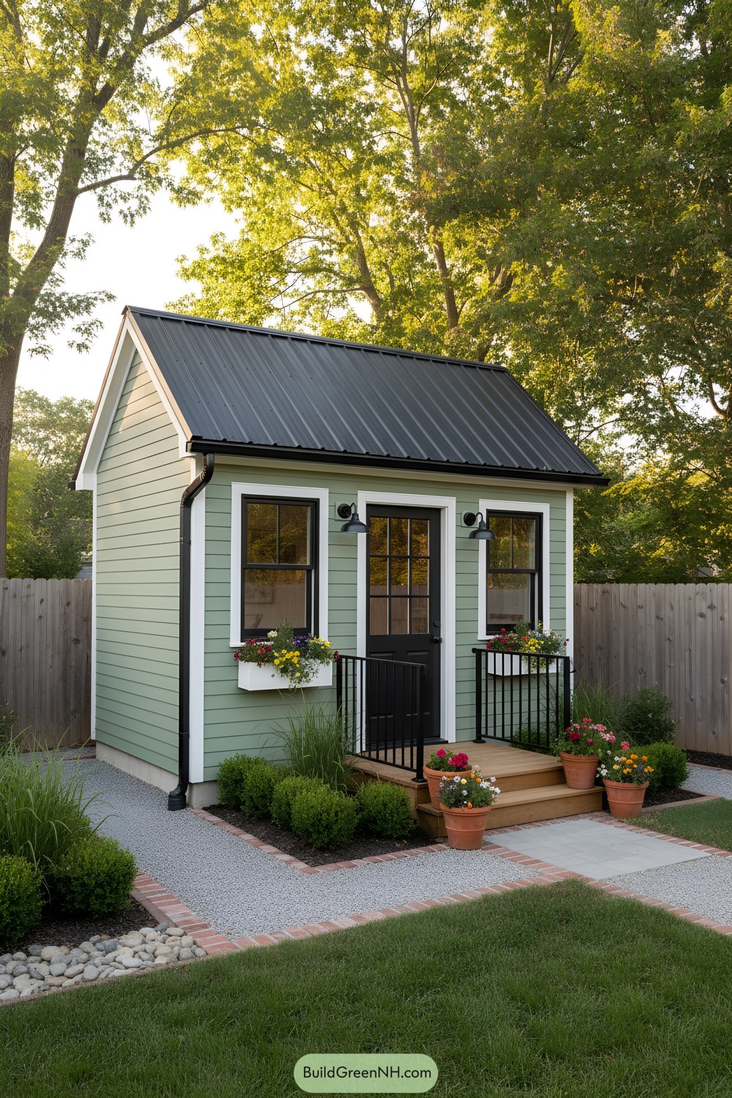 Small mint-green craft shed with black metal roof, flower boxes, and a tiny porch