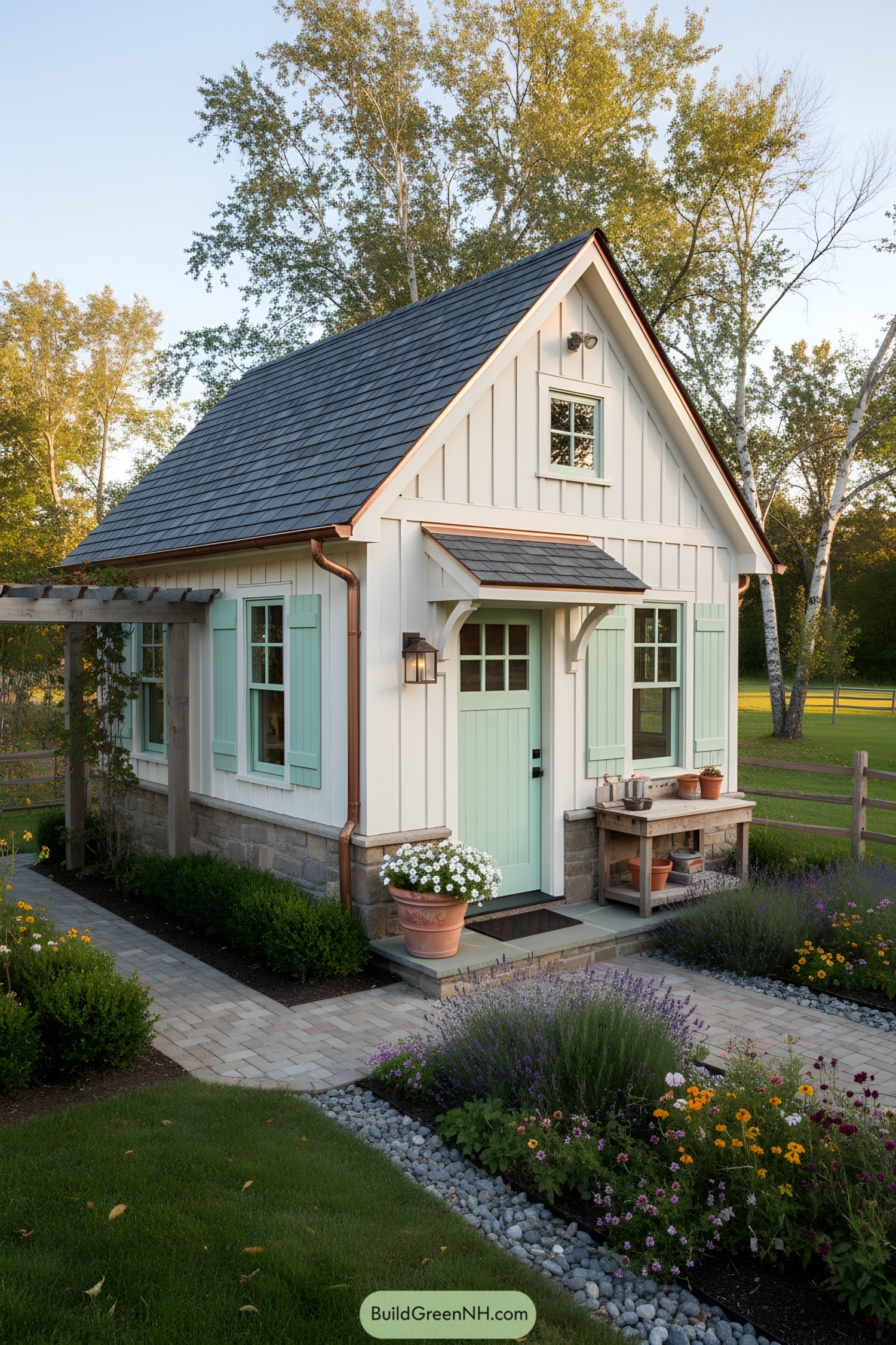 Small white craft shed with mint door, shutters, copper gutters, and gable roof amid flower beds