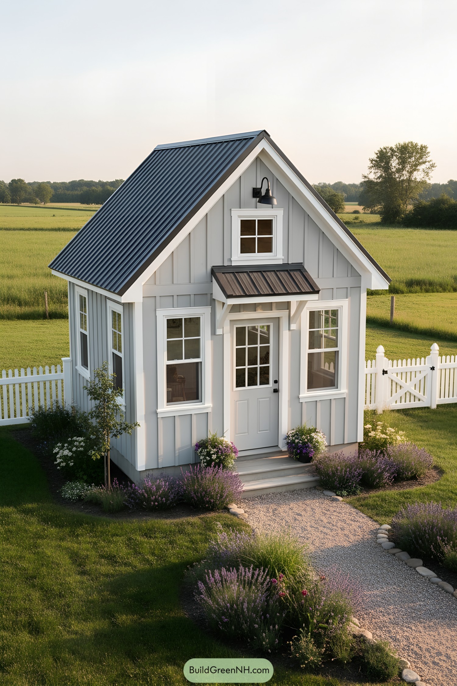 Small gray board-and-batten shed with gable roof