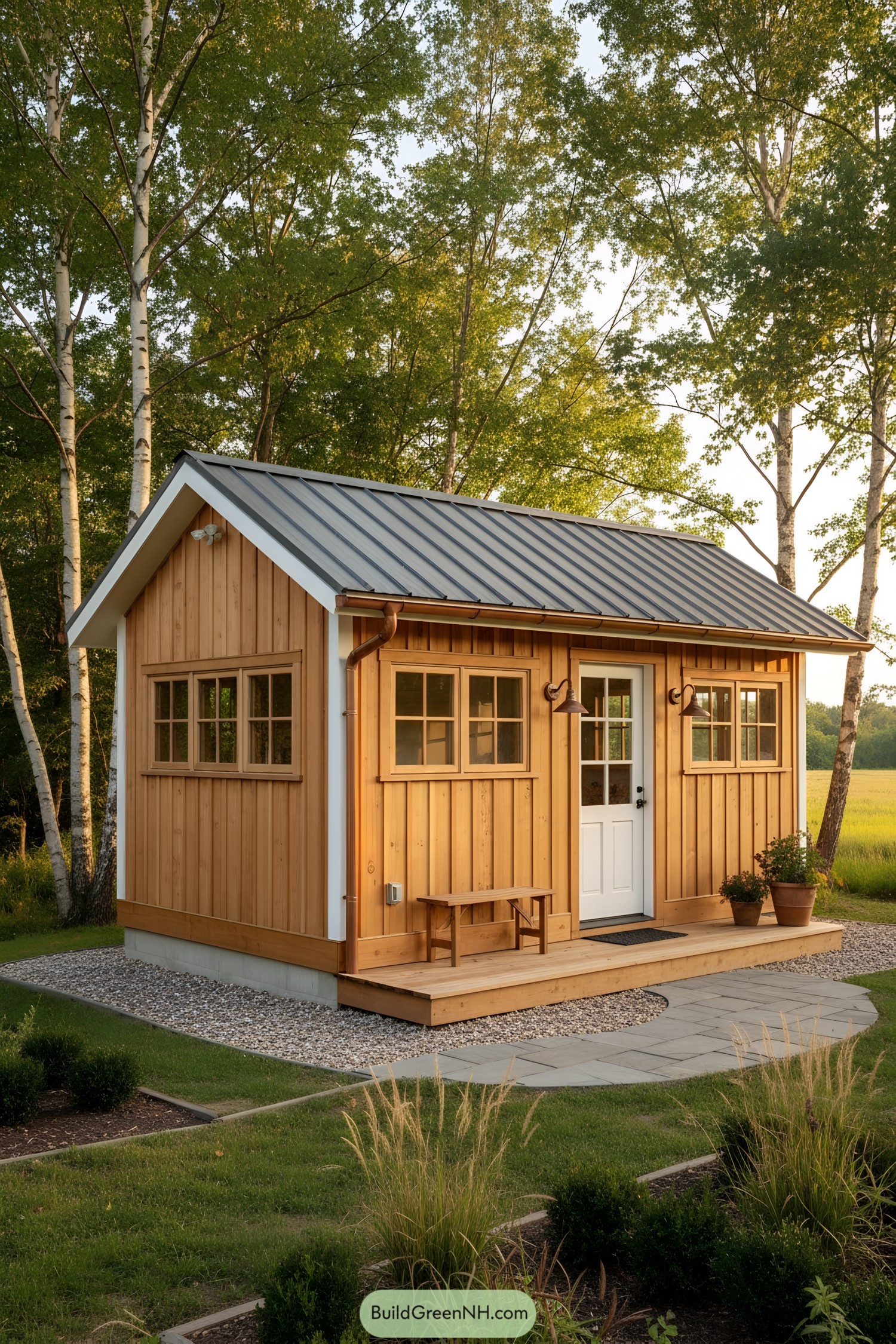 Small cedar-board craft shed with metal roof and front porch