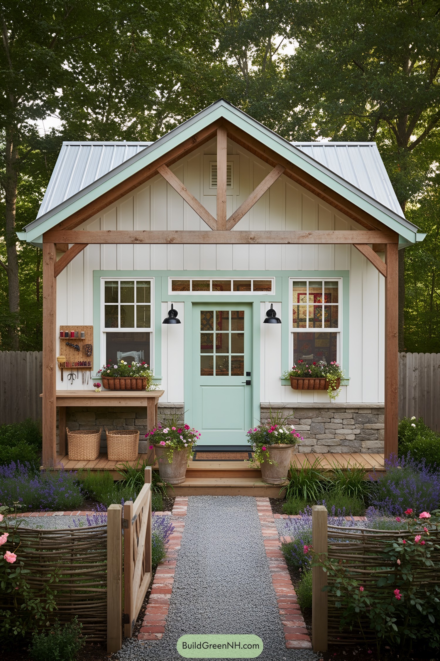 Small craft shed with mint door, white siding, timber porch, and stone base
