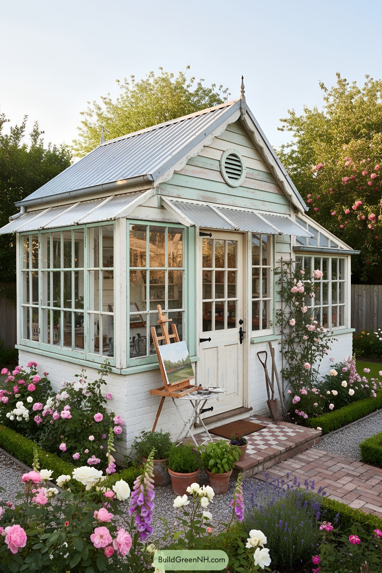 Shabby-chic shed with glass walls and metal roof