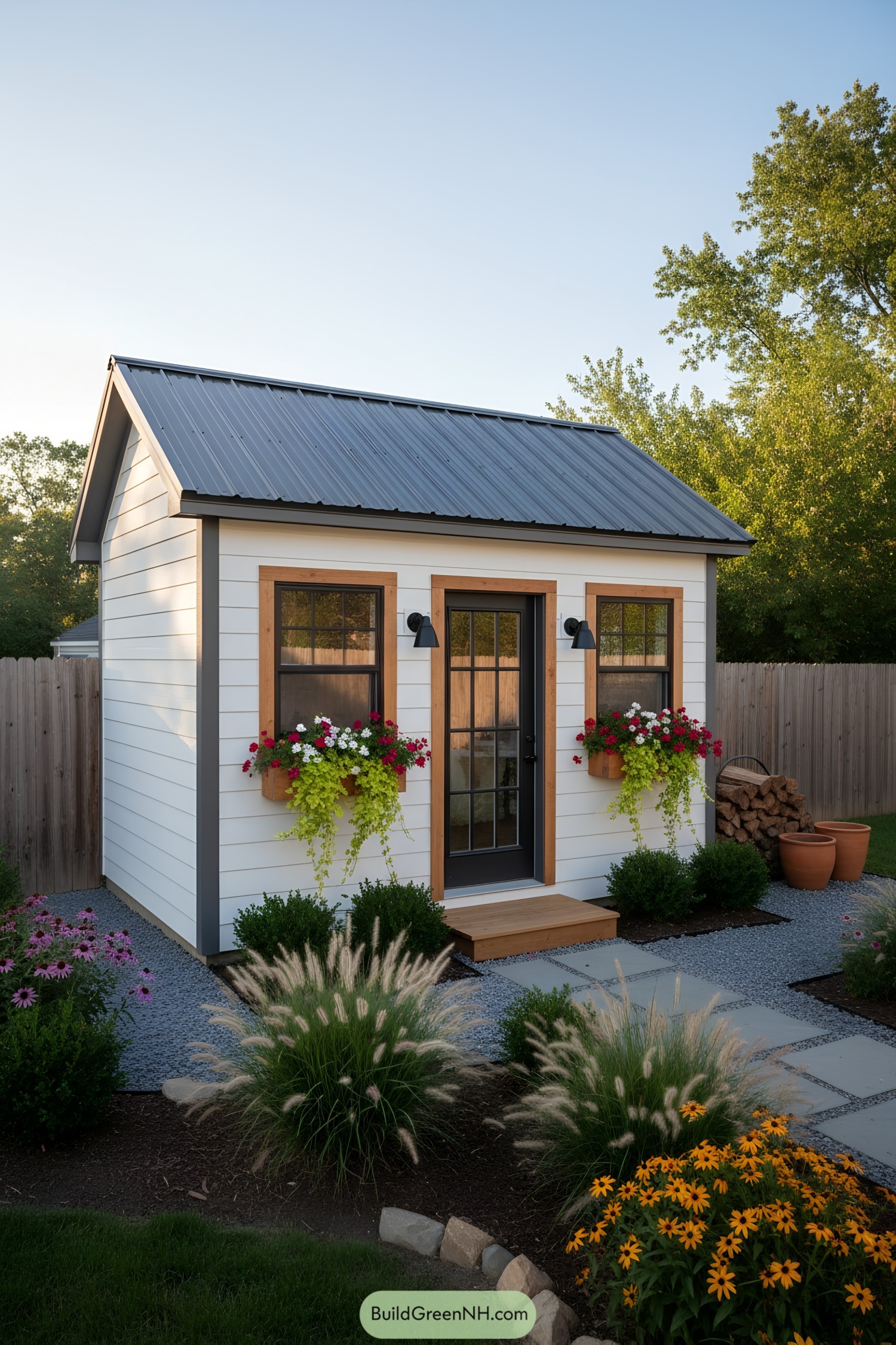 Small white shed with black metal roof, window boxes, and a glass-paneled door
