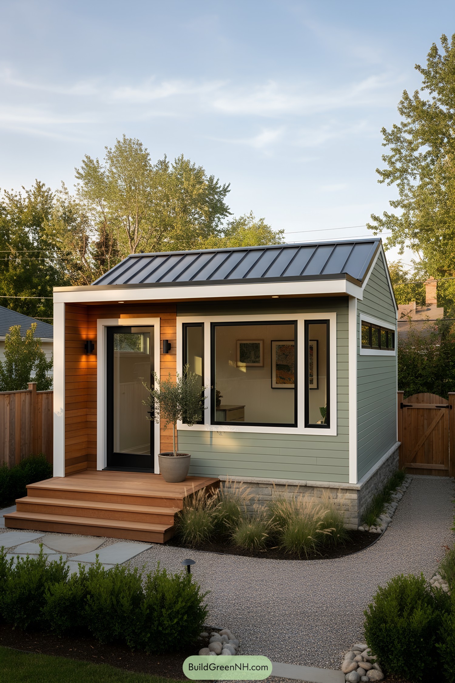 Small mint-green craft shed with black metal roof and large corner windows