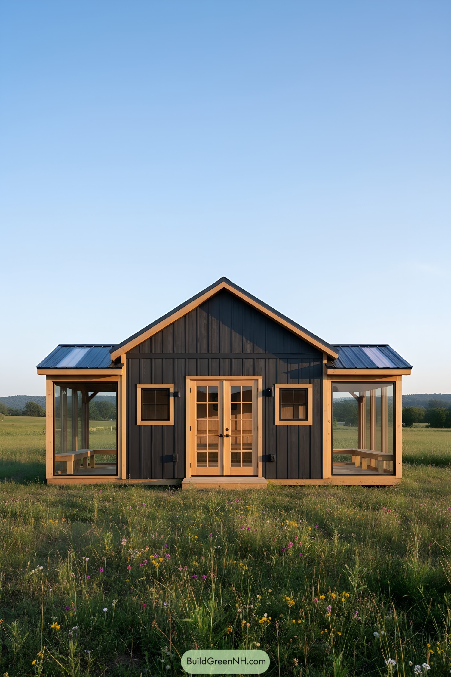 Dark board-and-batten shed with glass sunrooms