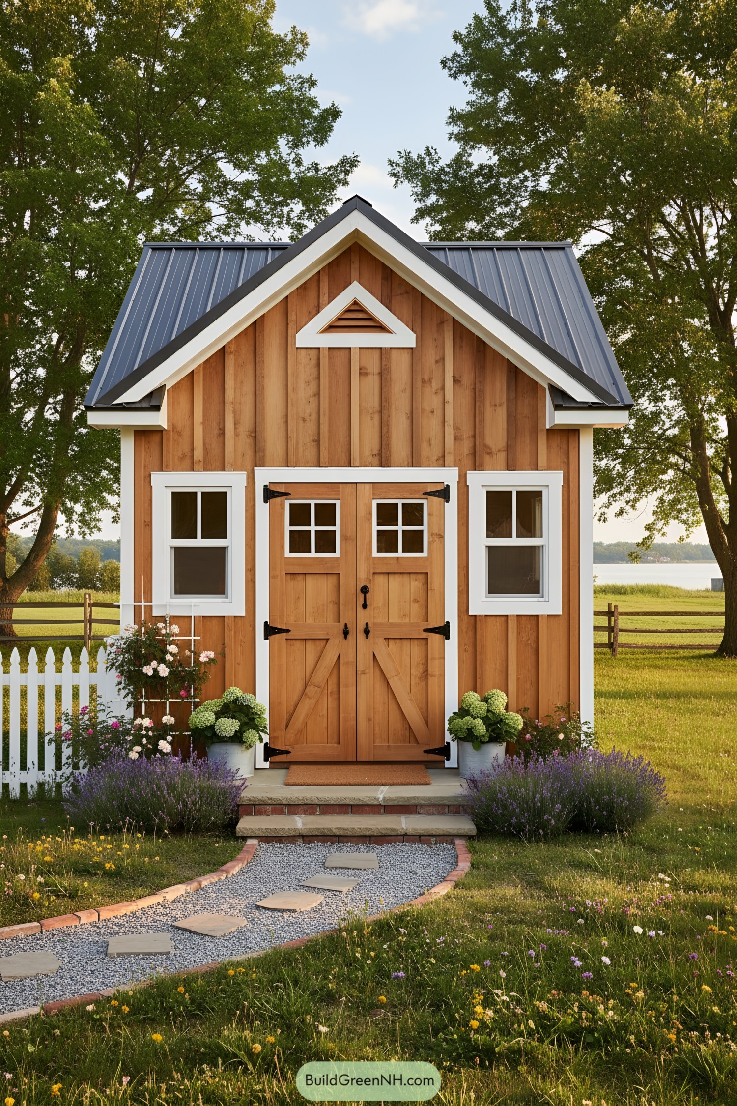 Small cedar-clad craft shed with gable roof and double doors