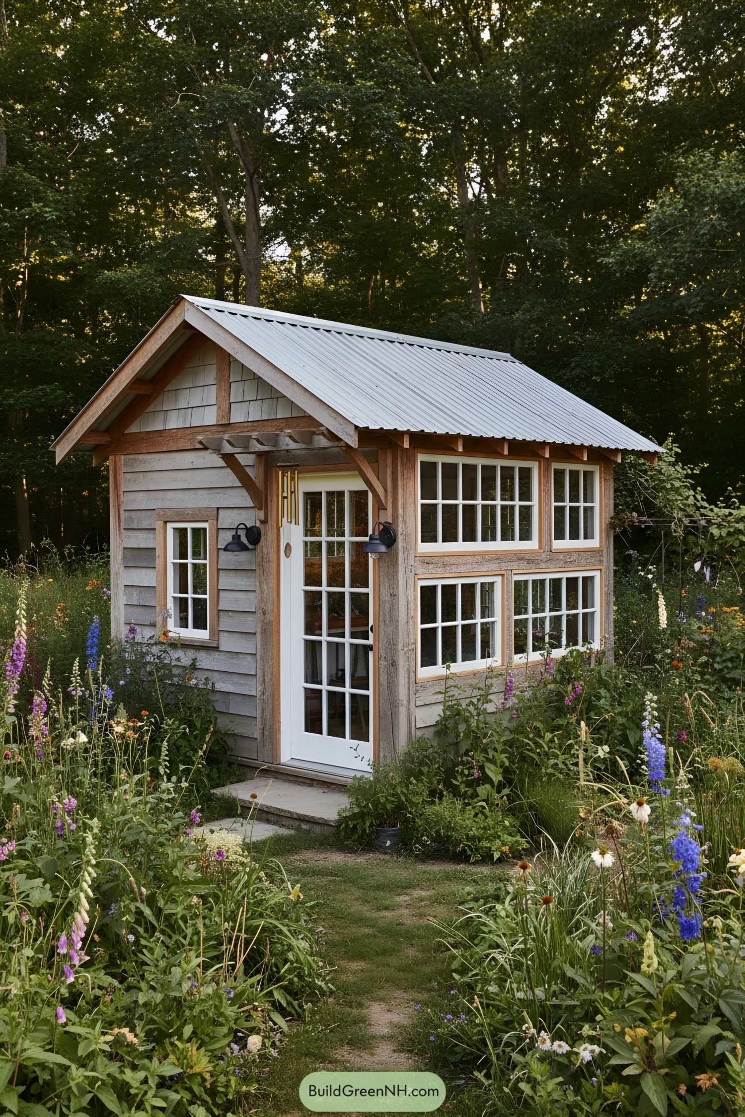 Small timber craft shed with many-paned windows and metal roof in a wildflower garden
