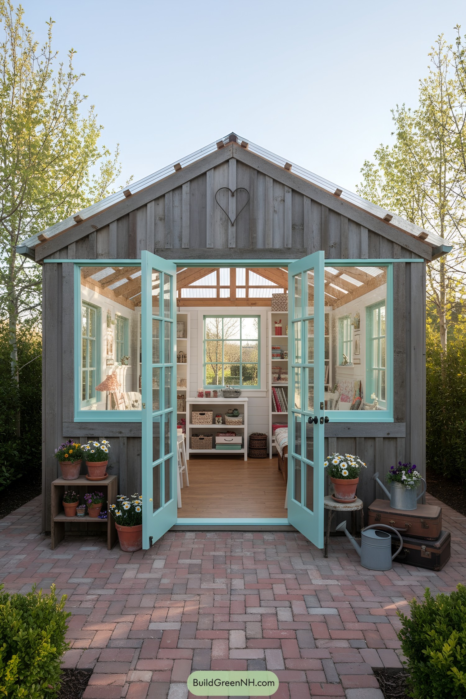 Weathered wood shed with mint French doors and large windows, open to a bright, organized craft interior