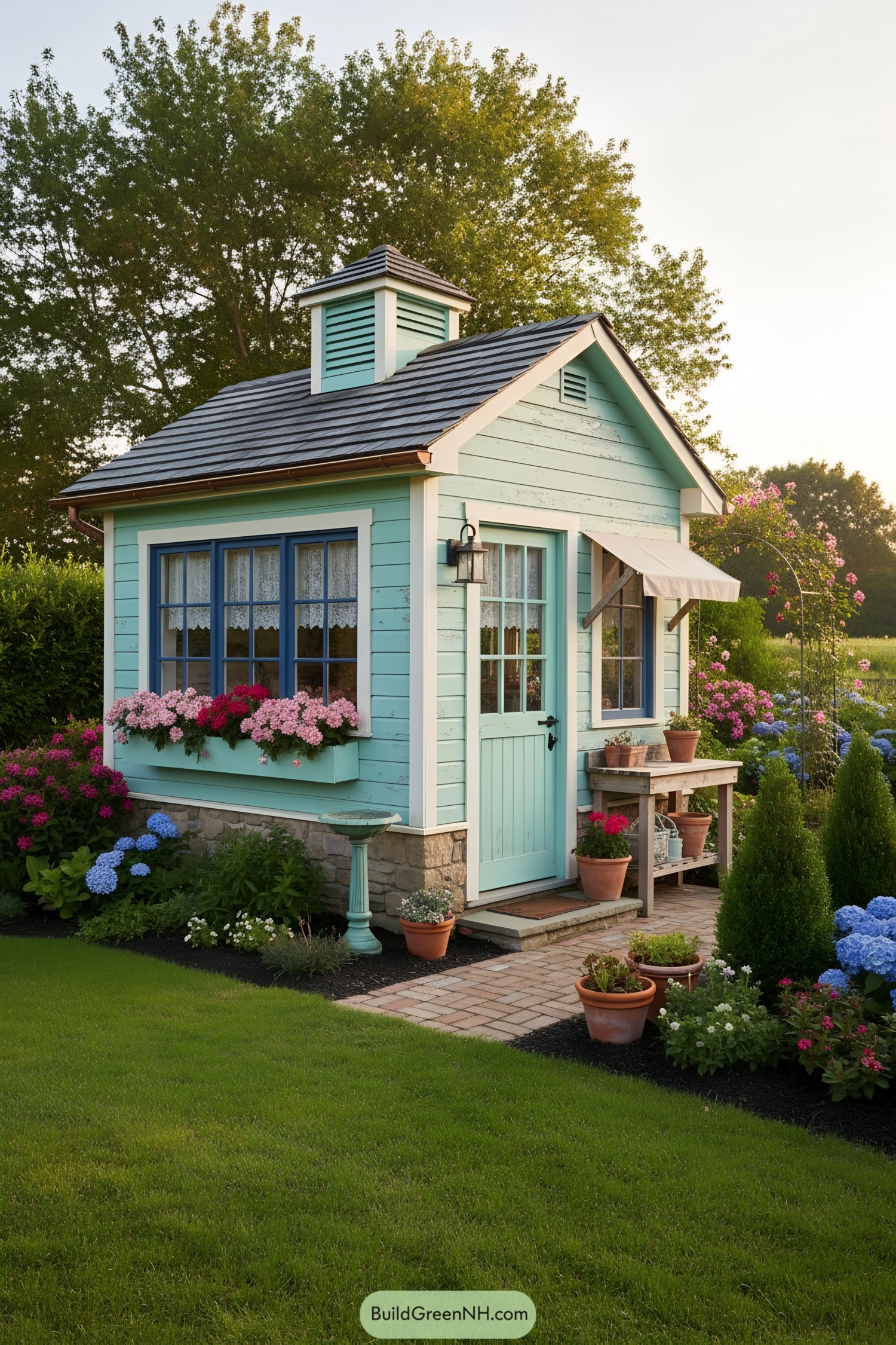 Pastel mint shed with cupola, blue-trimmed windows, and flower boxes in a lush garden