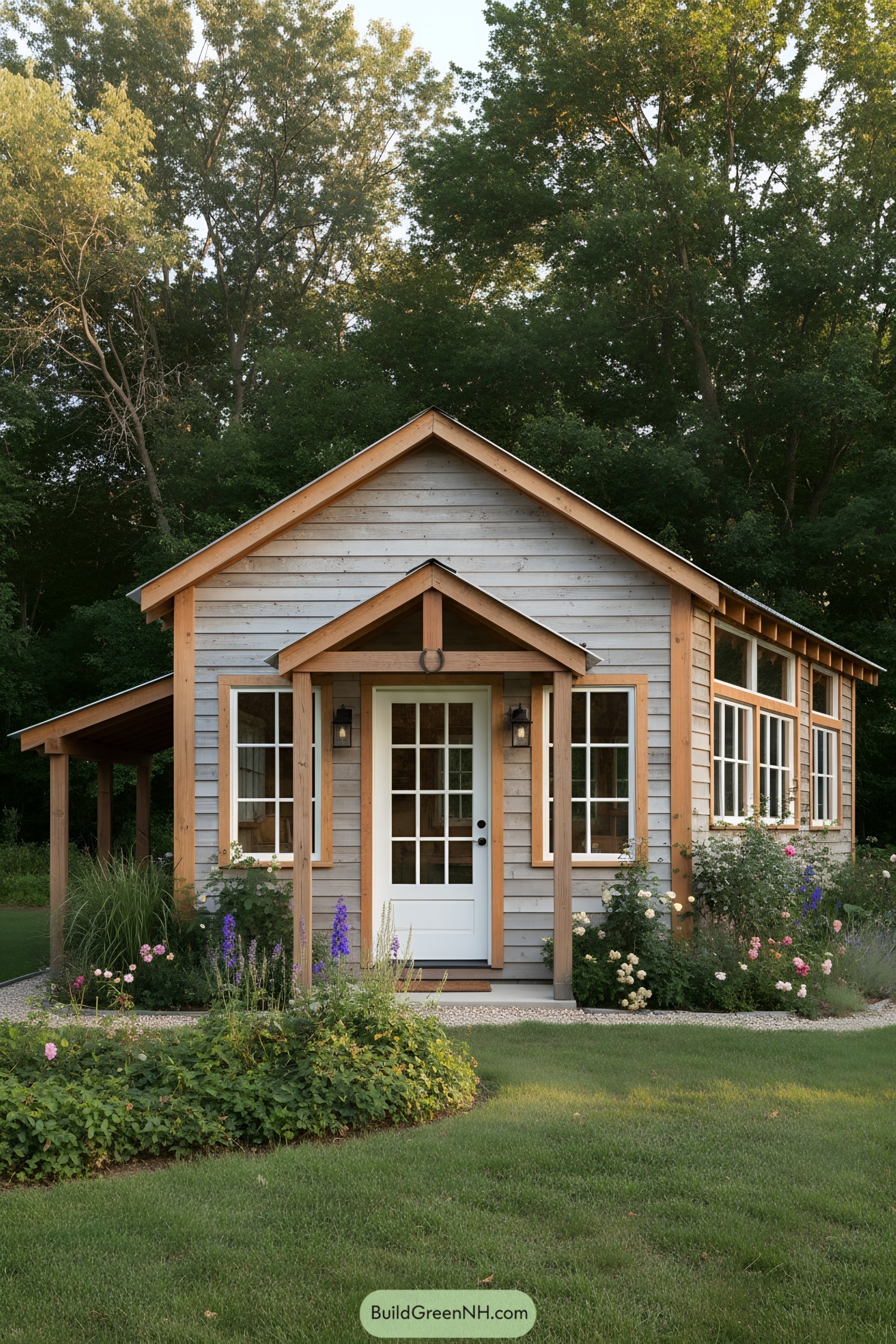 Small gray wood-sided shed with gable roof, white French door, many windows, and a side porch amid garden plants