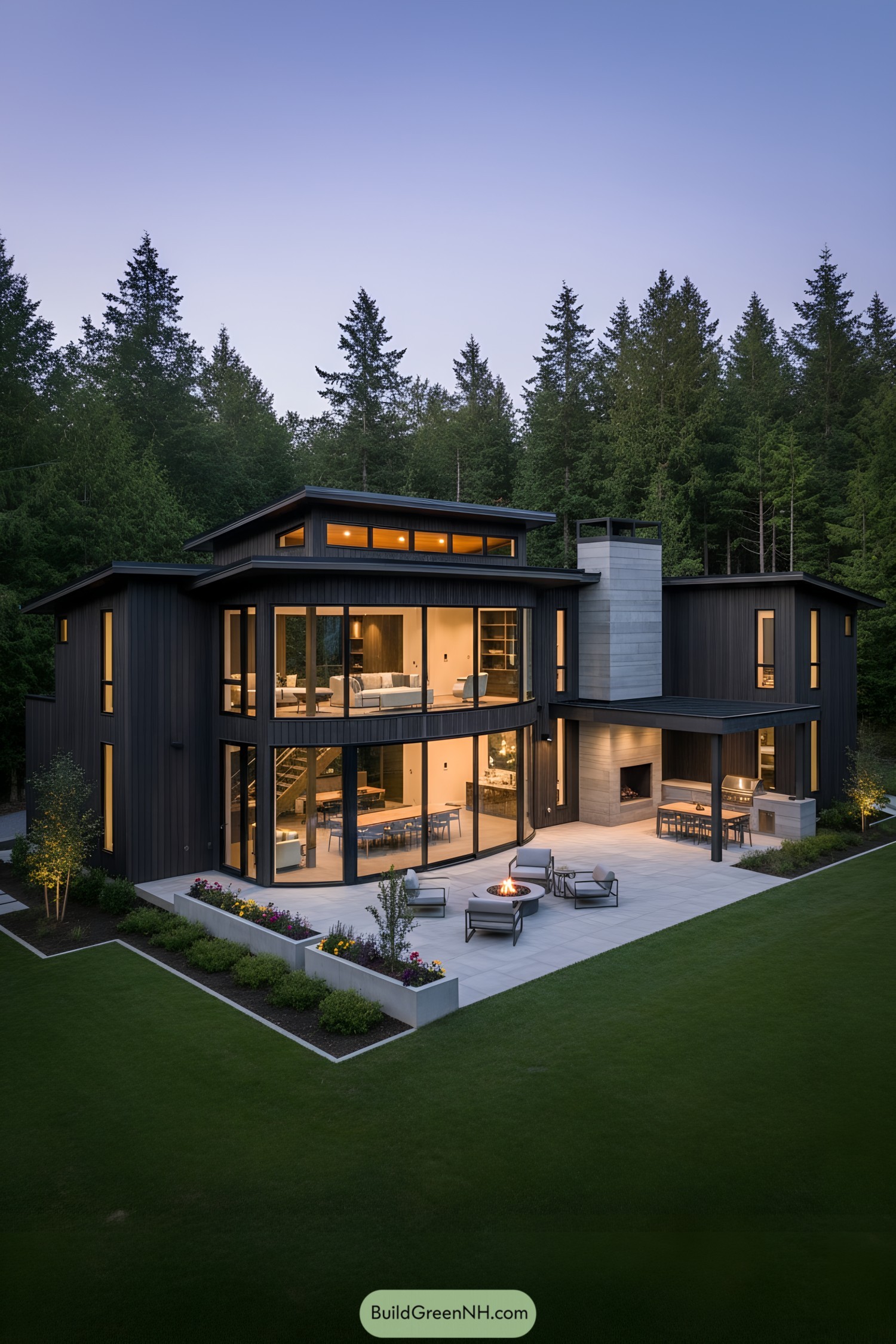 Modern dark-clad home with curved glass wall