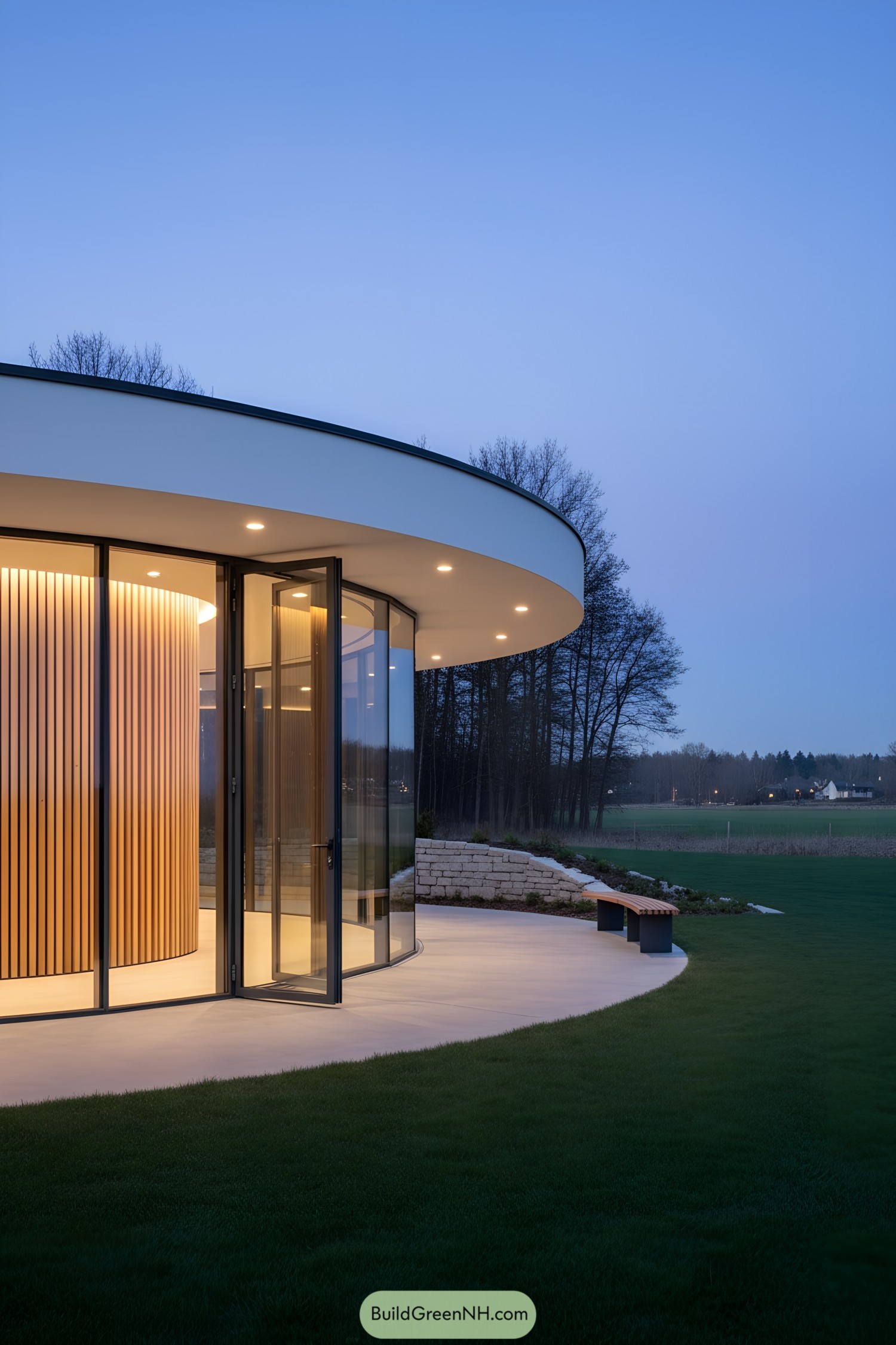 Curved glass pavilion with glowing wooden core at dusk