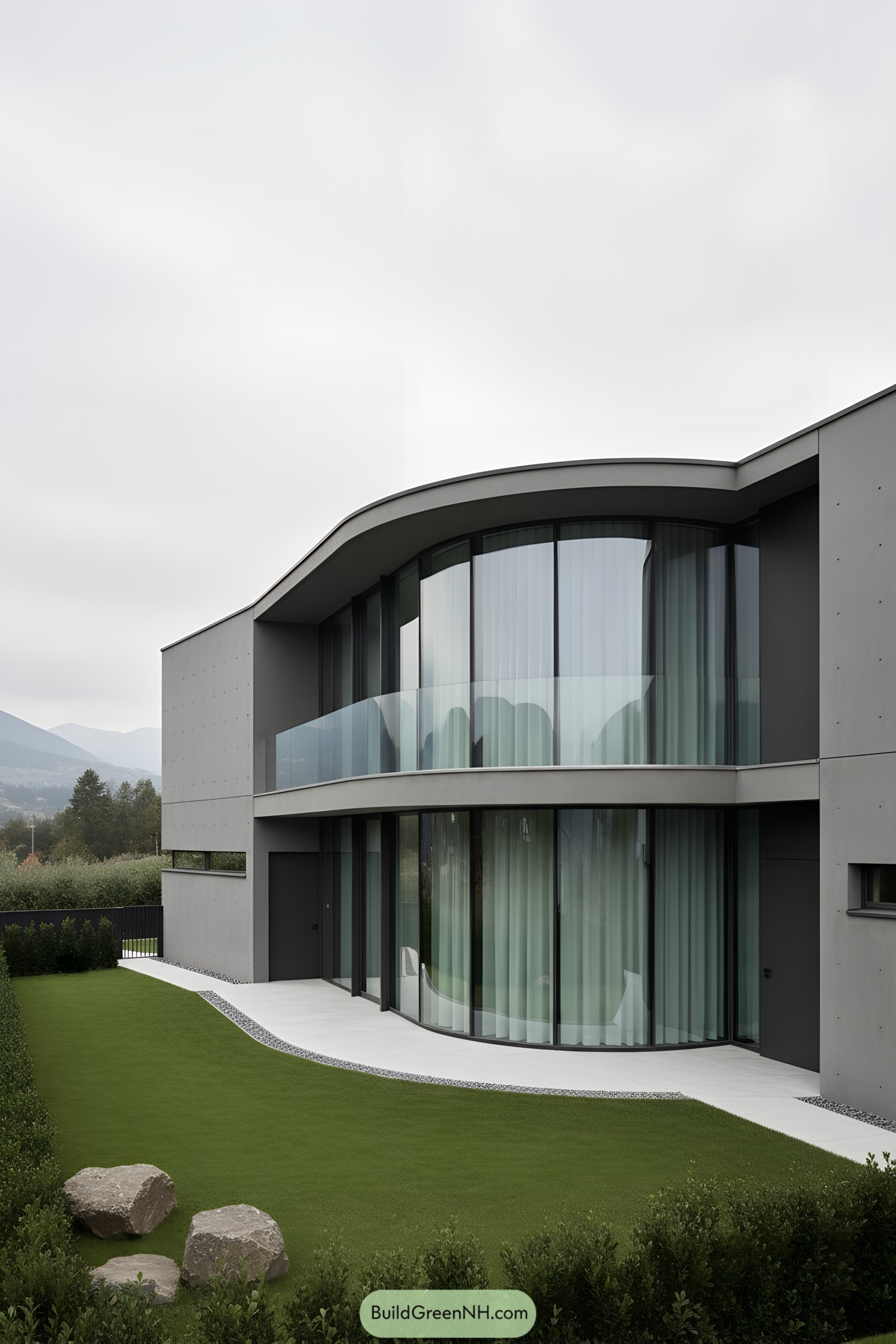 Modern curved-glass residence with balcony and lawn
