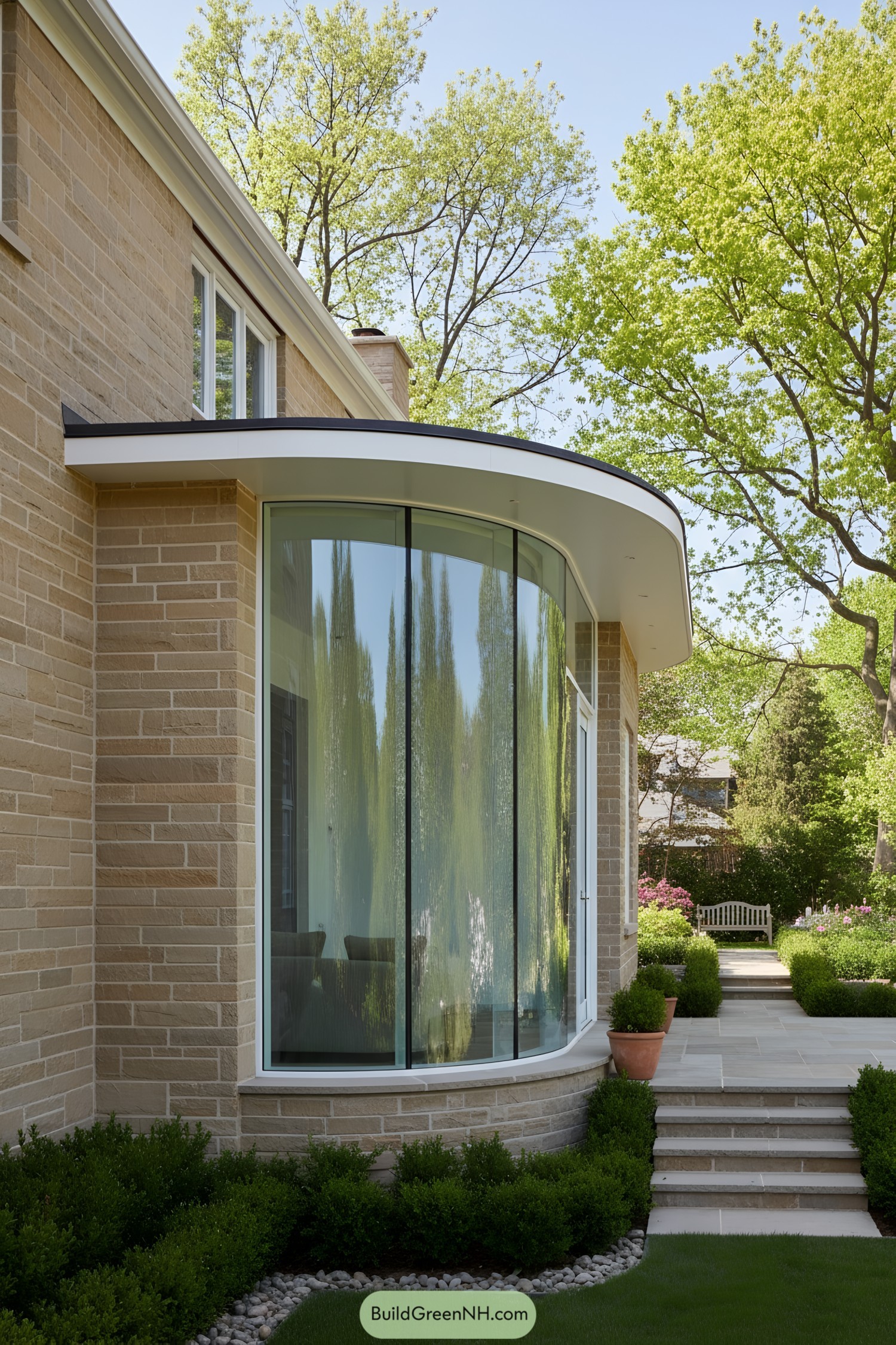 Curved glass bay with stone facade