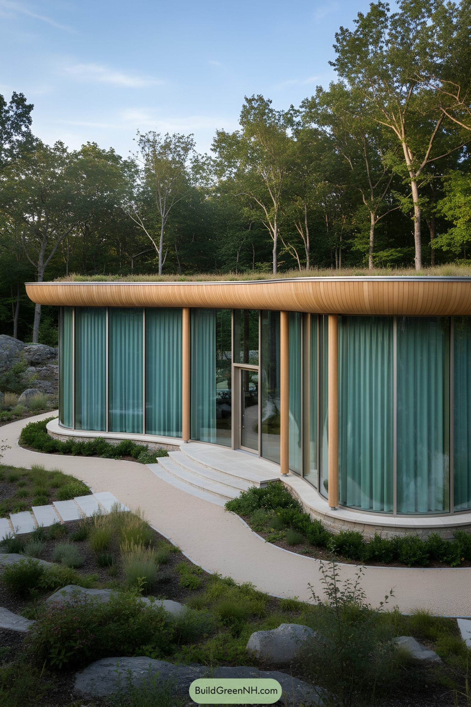 Curved glass pavilion with green roof and wood columns