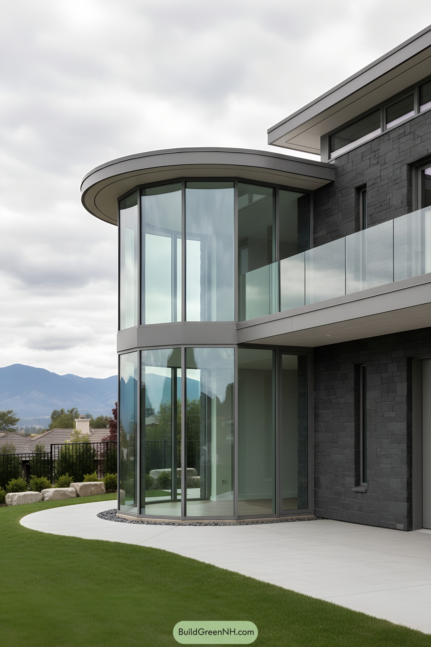 Curved glass corner pavilion with cantilevered roof