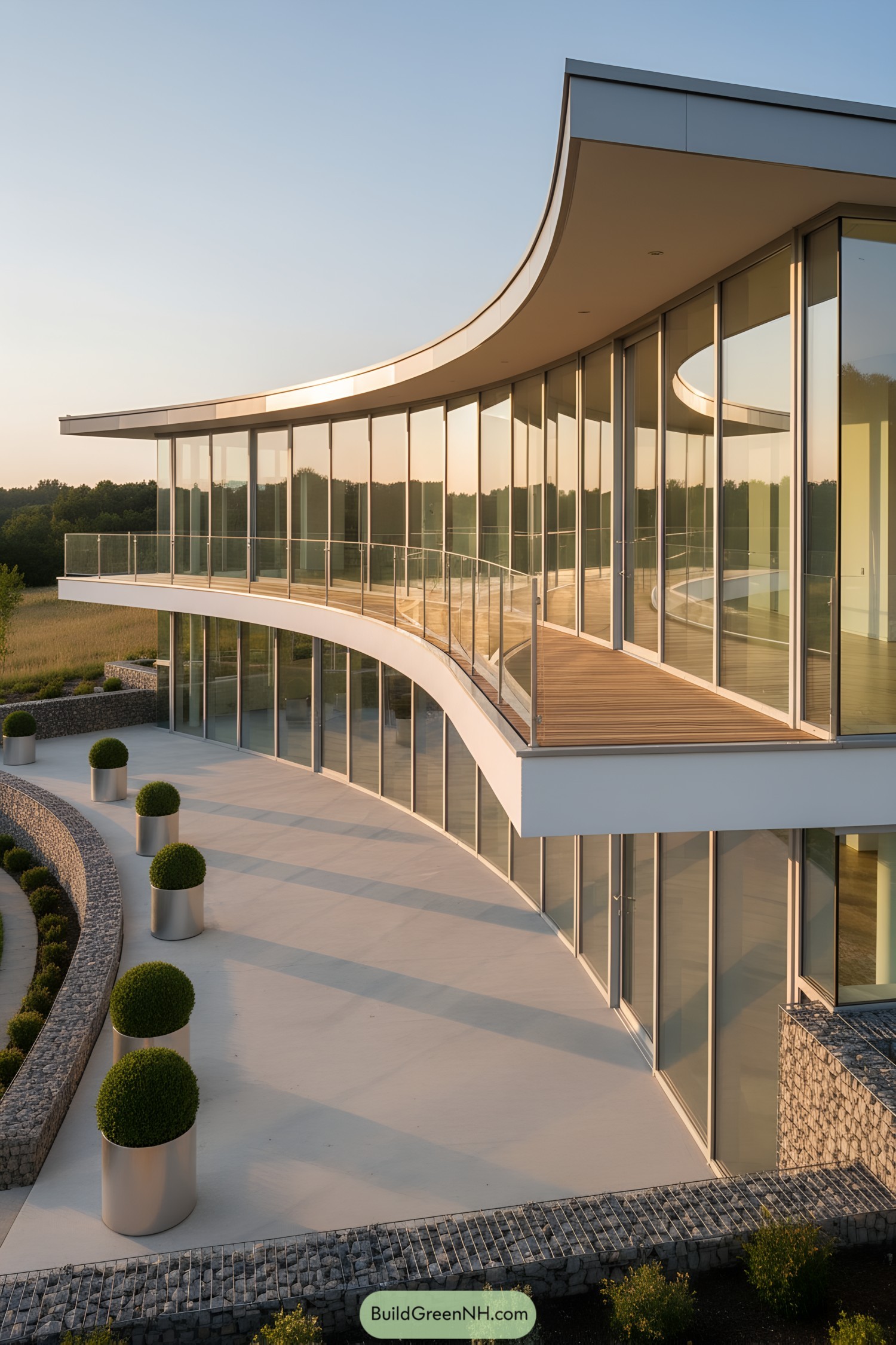 Curved glass facade with flowing balconies