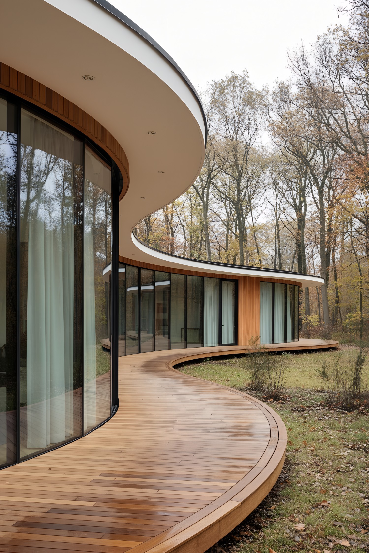 Curved glass house with sinuous wood deck