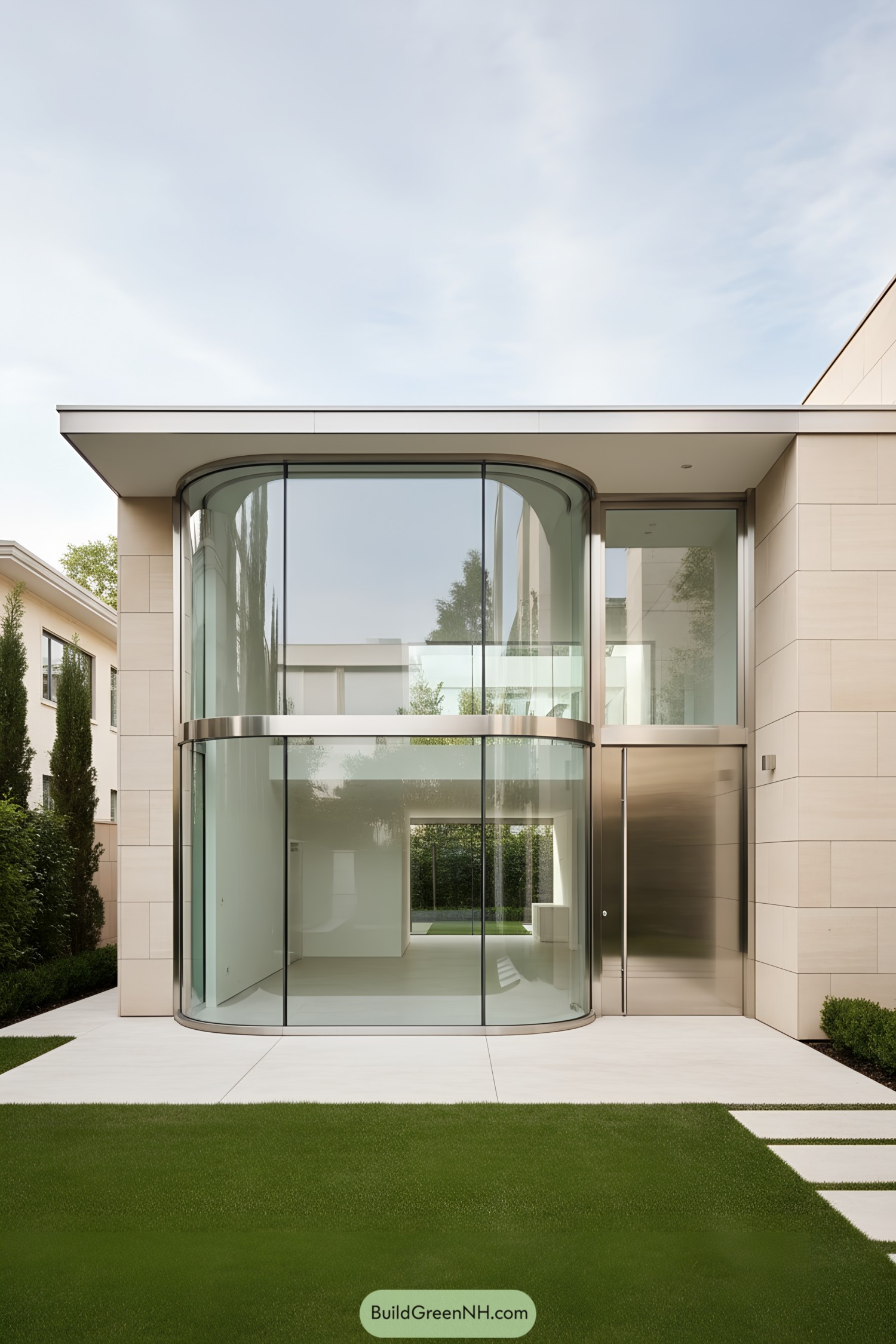 Curved double-height glass facade of modern home