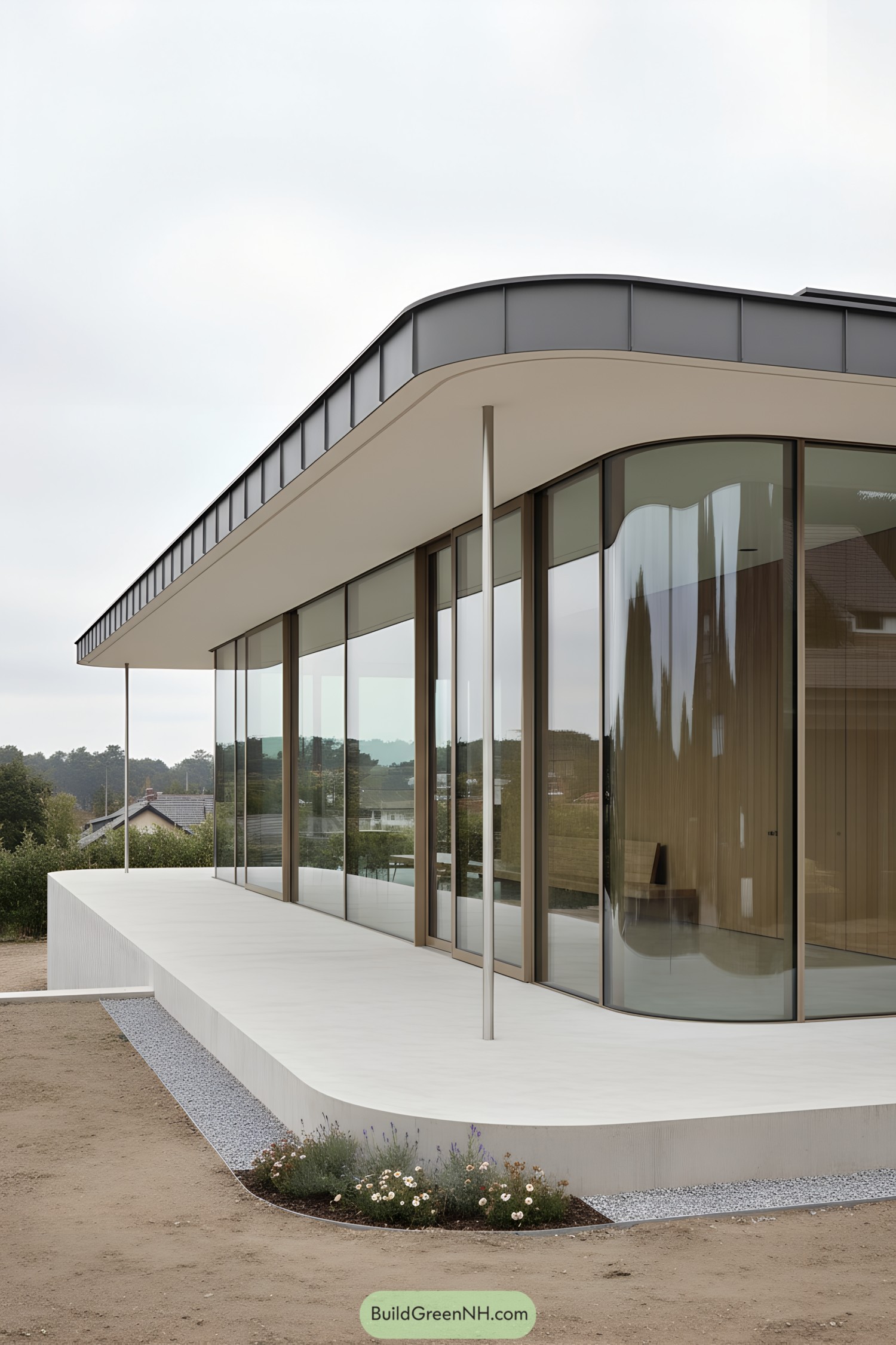 Curved glass pavilion with slim canopy roof