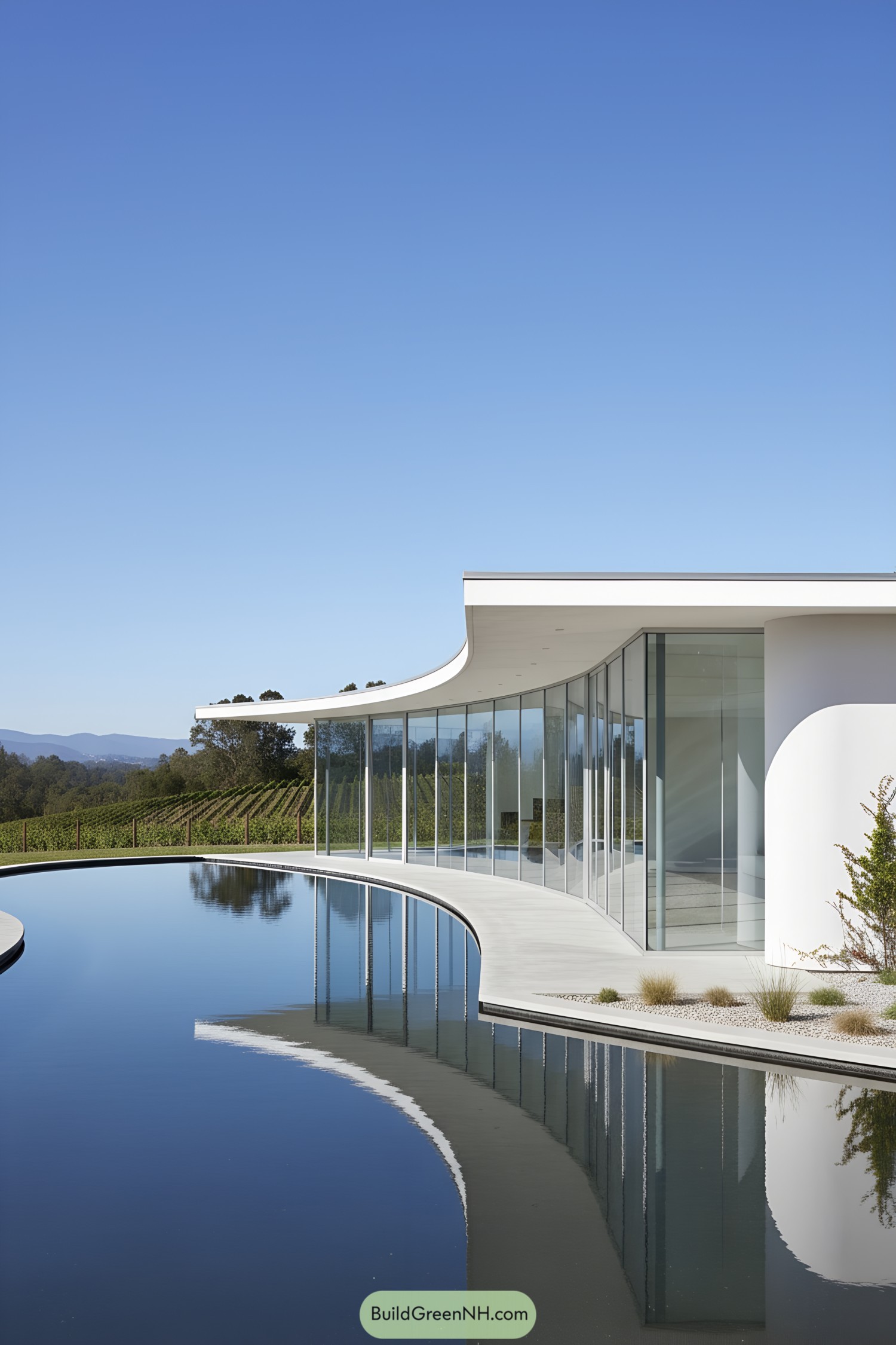Curved glass pavilion beside reflective water
