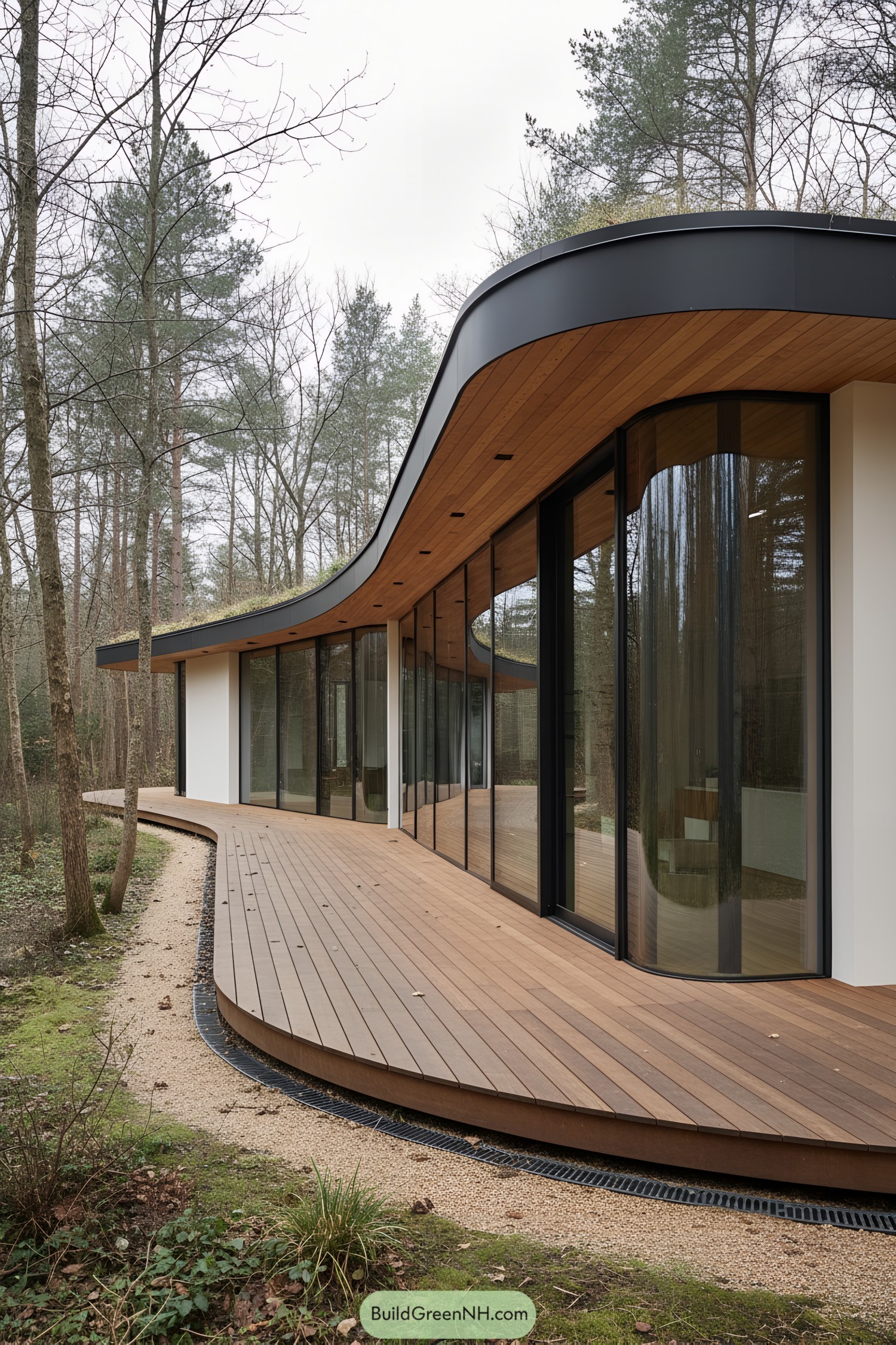Curved glass house with sweeping wood deck