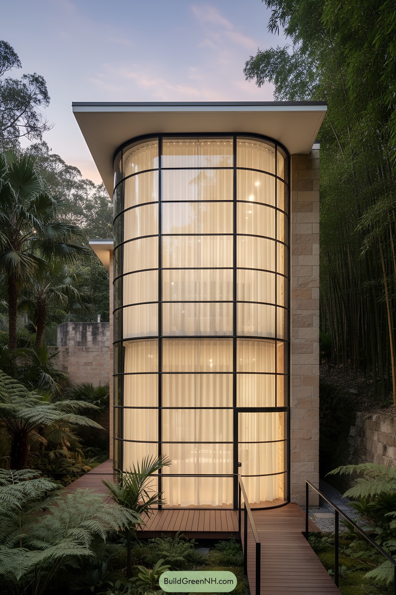 Curved glass facade glowing amid lush garden