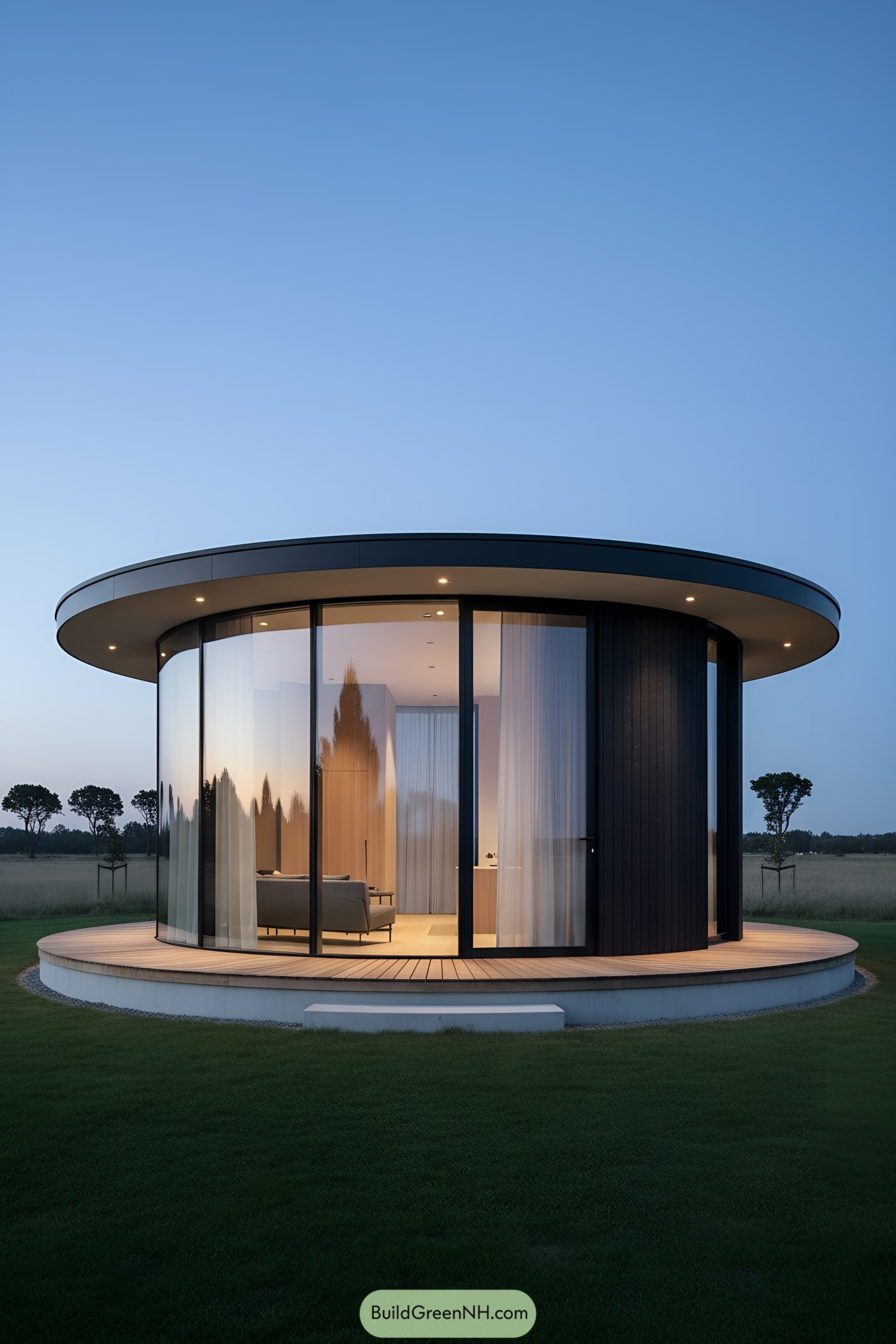 Round glass-walled pavilion with overhanging roof at dusk