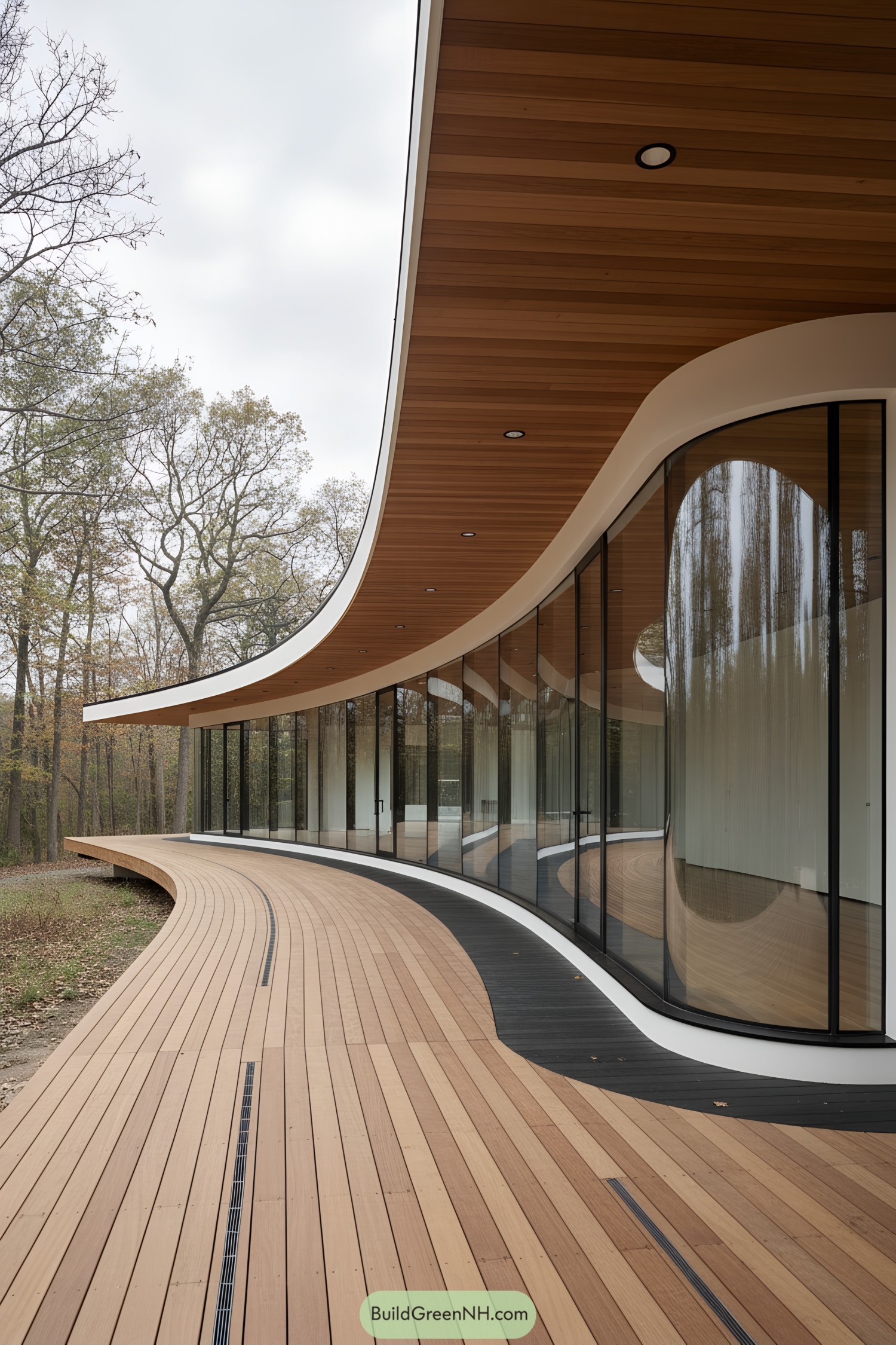 Curved glass pavilion with flowing wood deck
