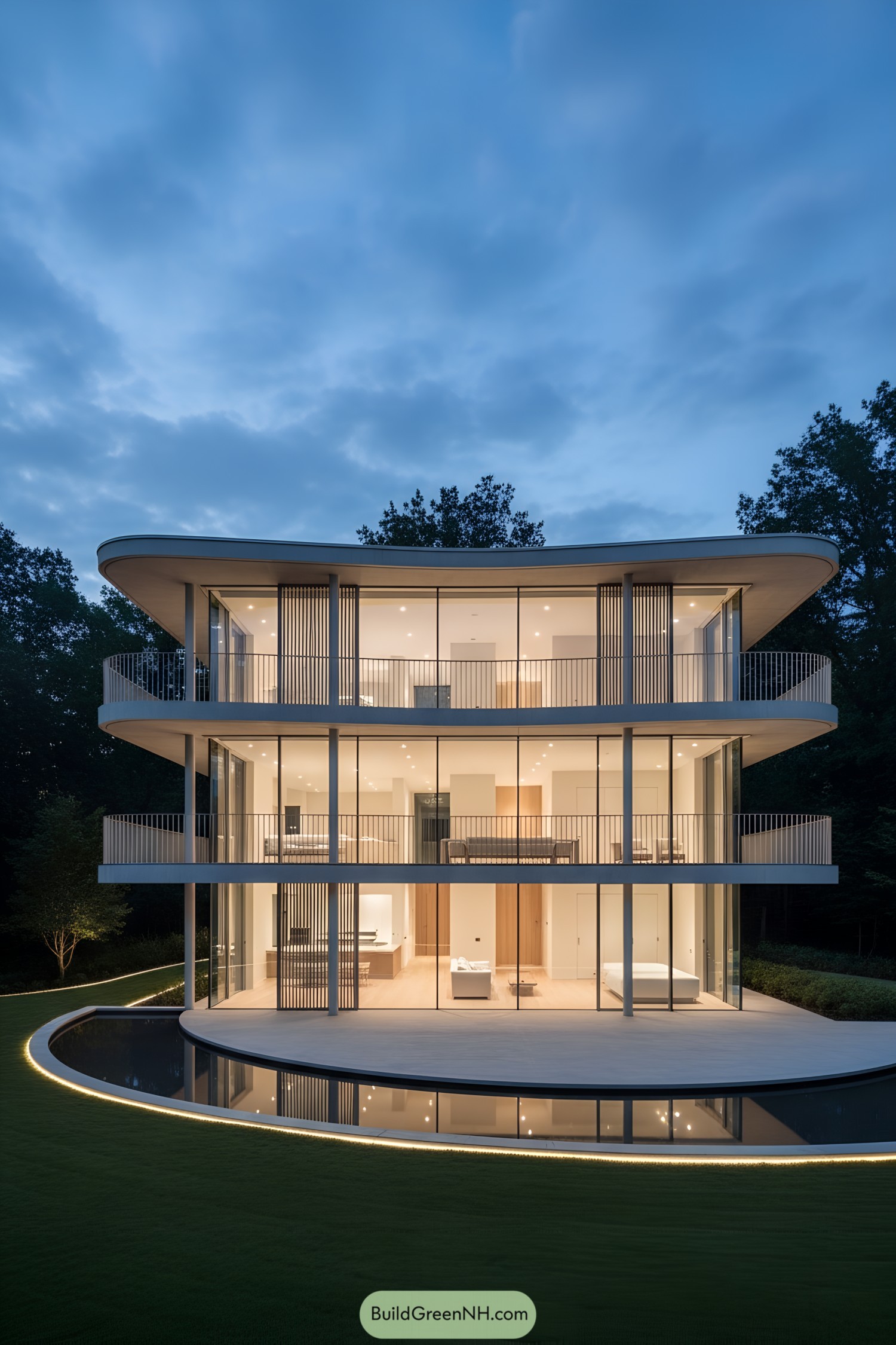 Three-story curved glass house at dusk