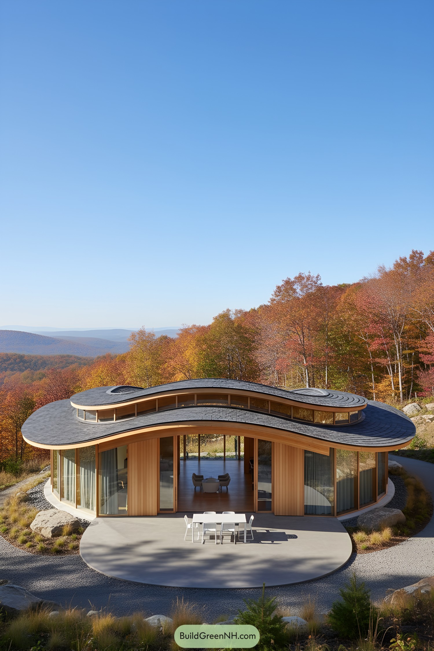 Curved glass house with wavy roof and panoramic woodland views