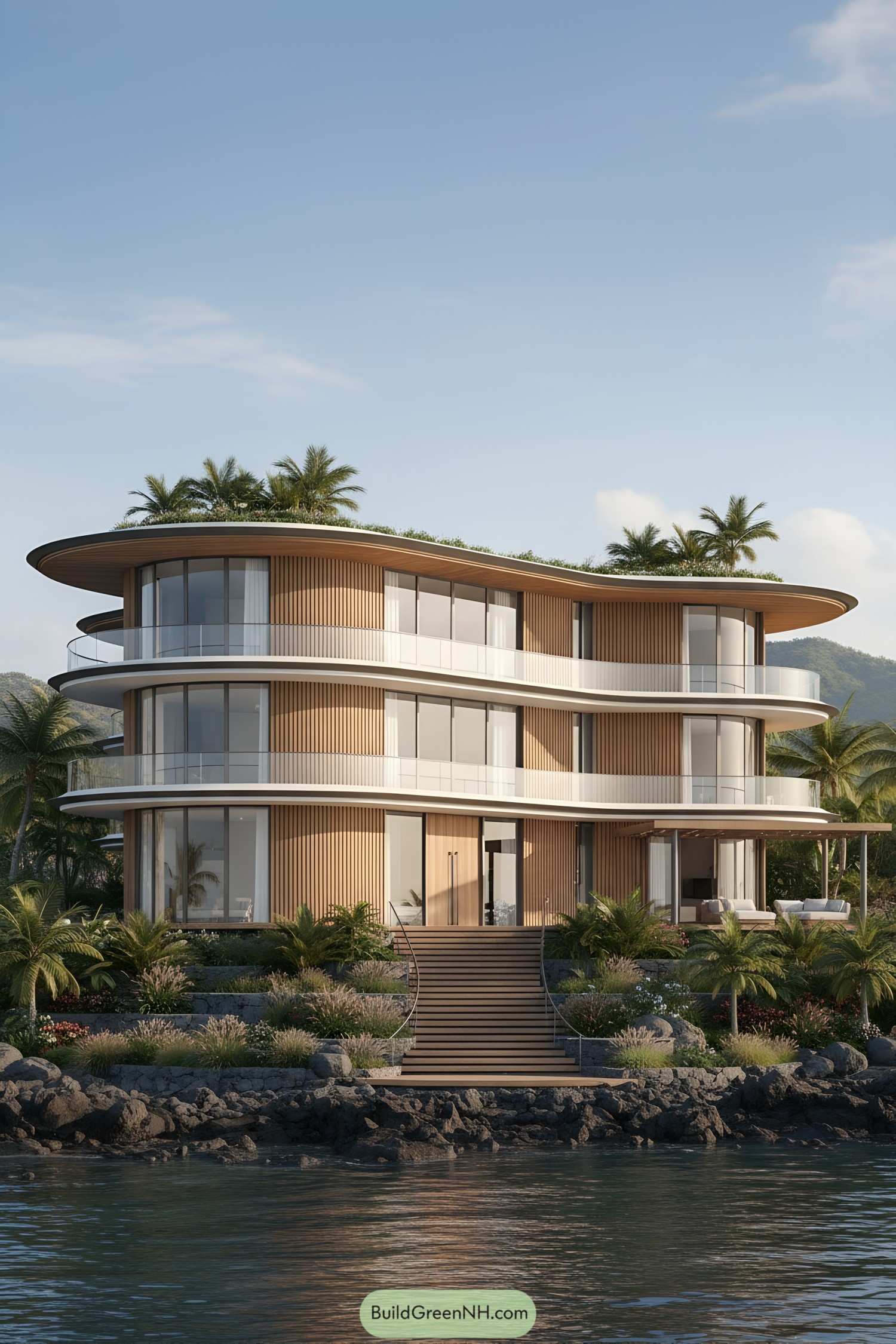 Curved glass-clad villa with layered balconies by the water