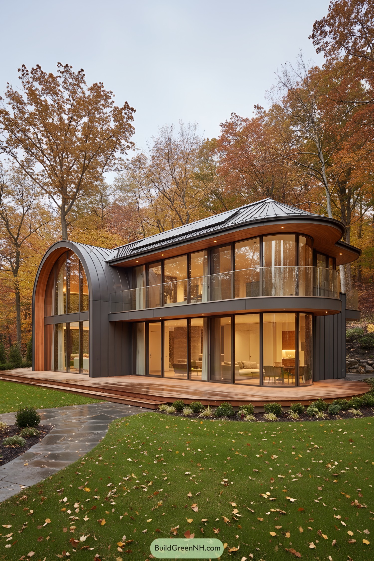 Two-story curved glass house with copper accents and wraparound deck