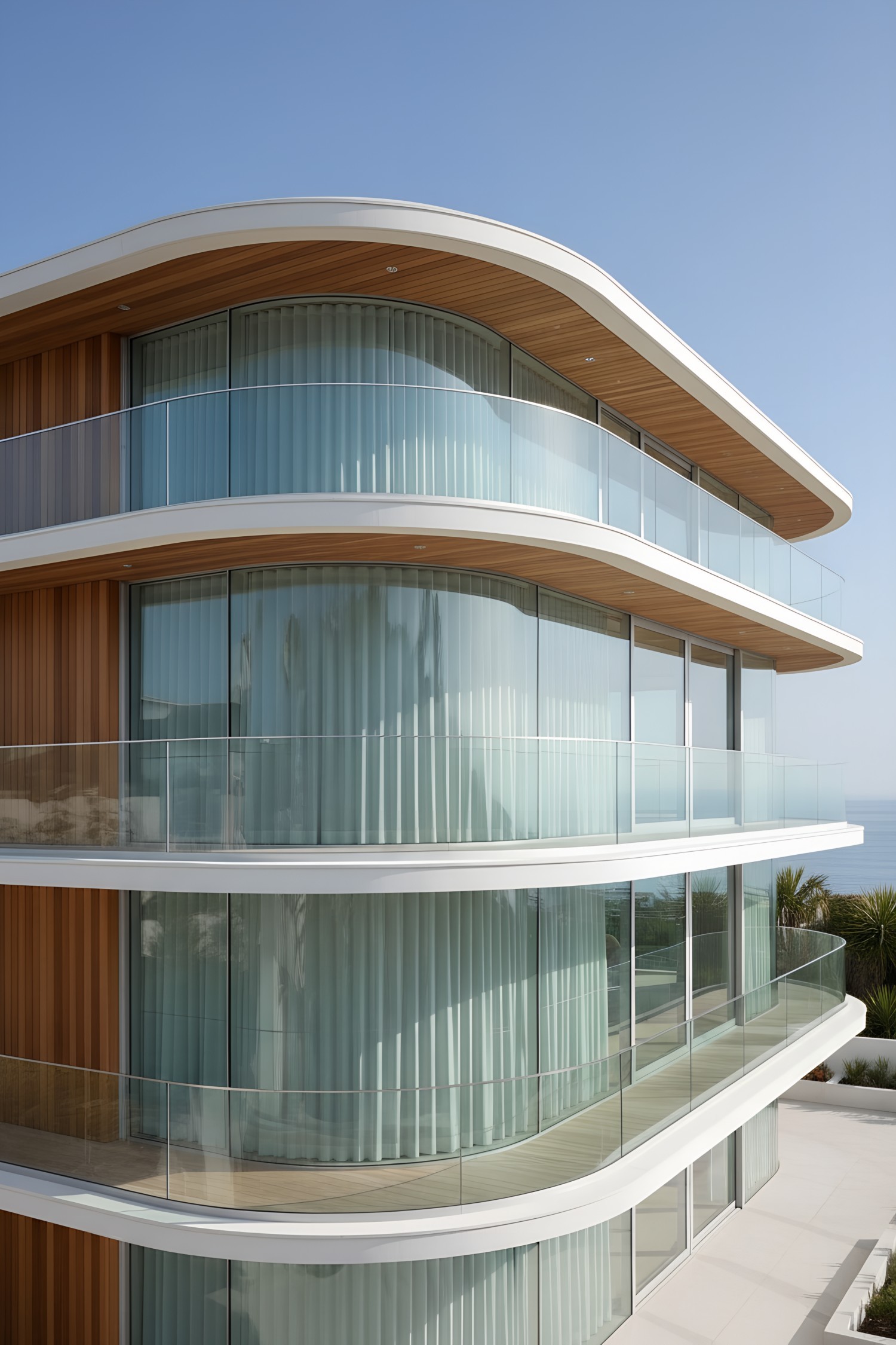 Curved glass balconies with white eaves and wood soffits