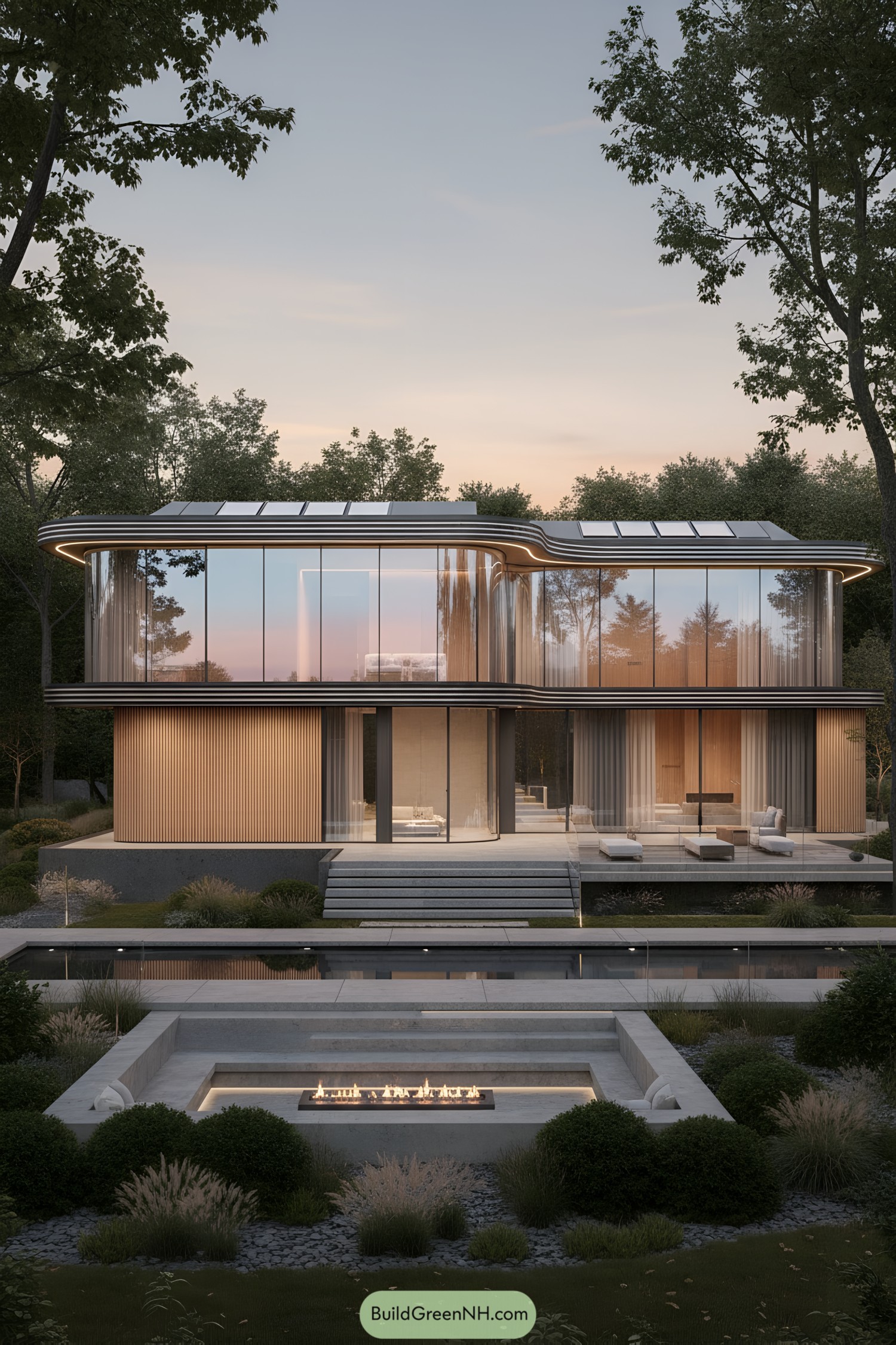 Two-story curved glass house at dusk
